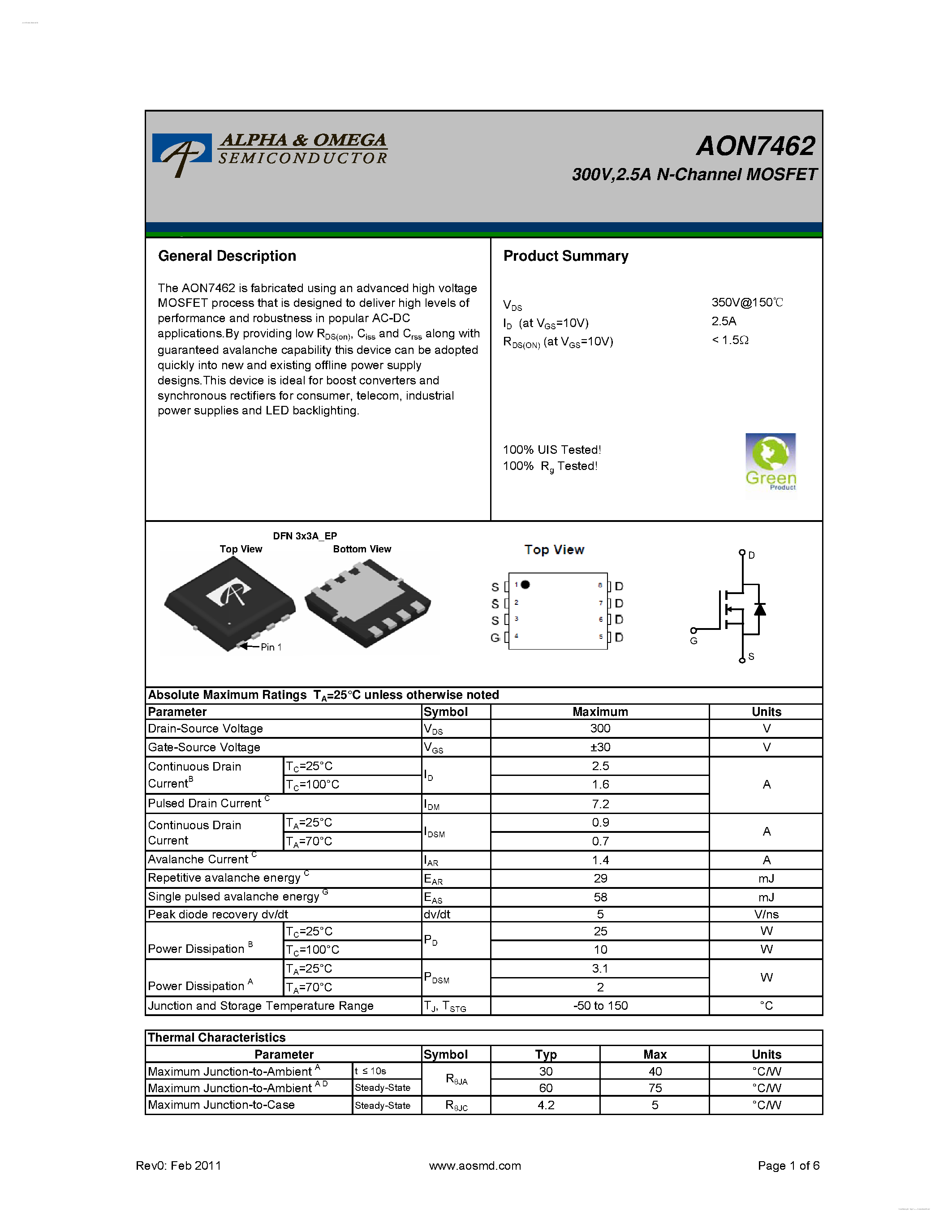 Даташит AON7462 - 300V N-Channel MOSFET страница 1