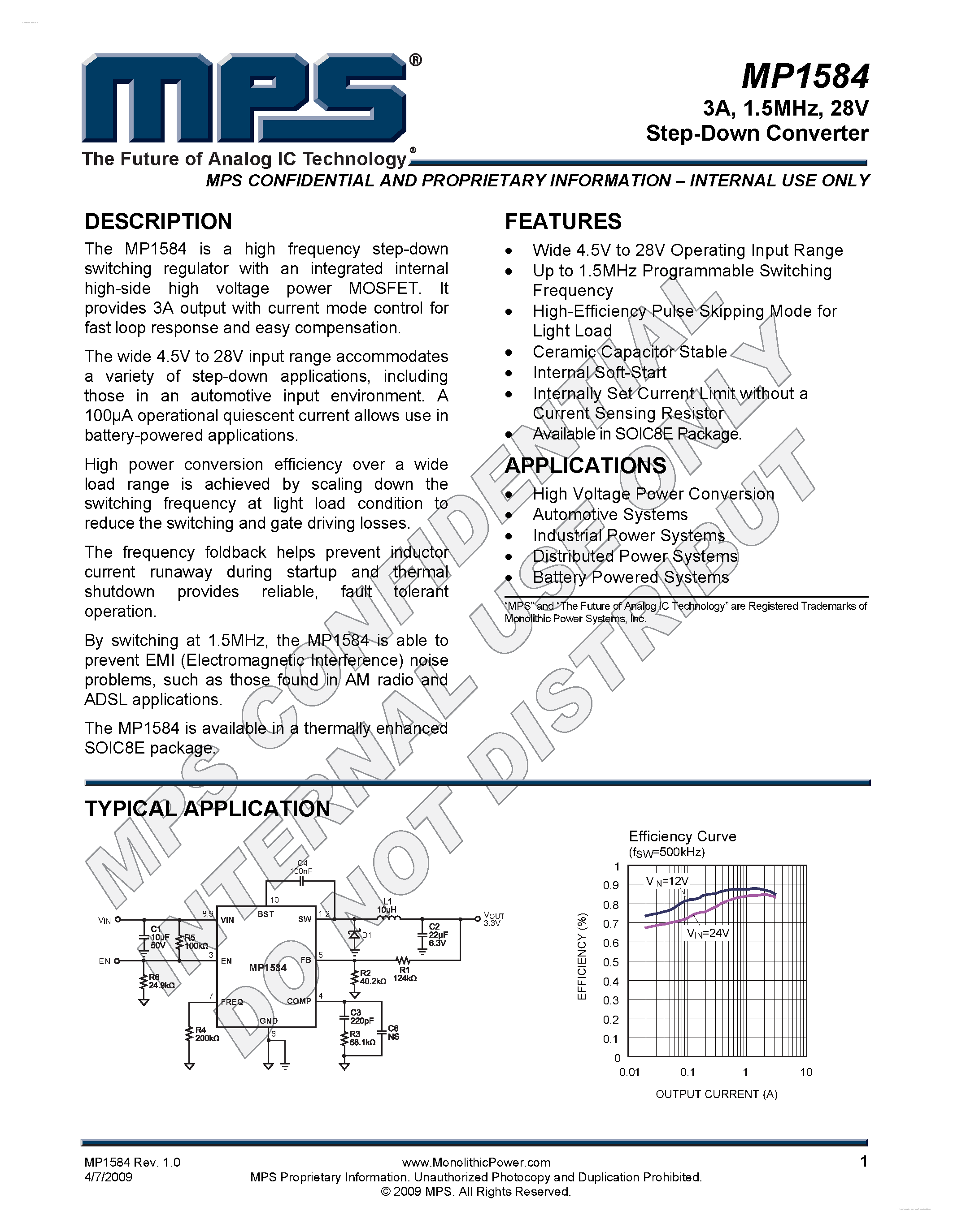 Даташит на микросхему MP1584 страница 1 Даташит MP1584 - Step-Down Converter страница 1