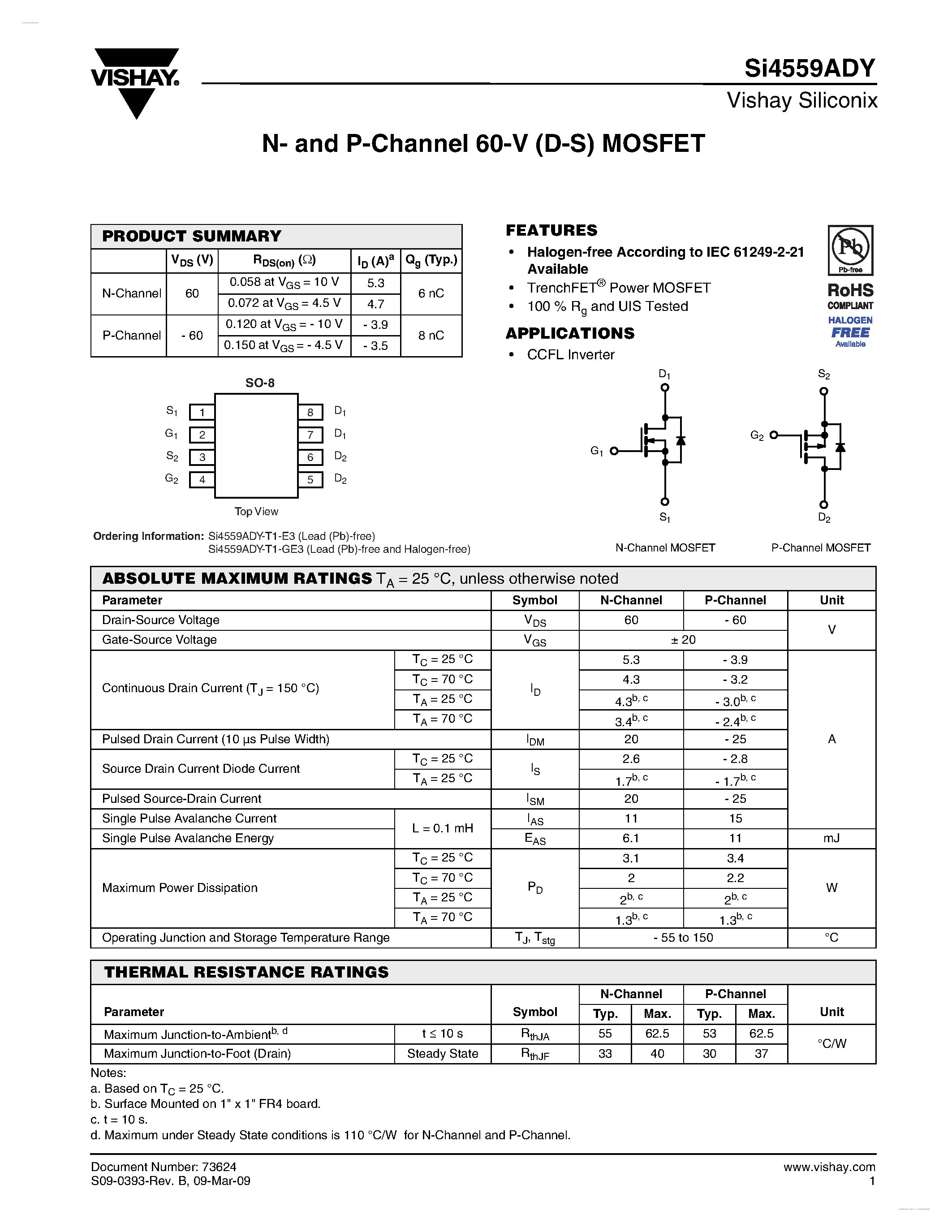 Даташит SI4559ADY - N-and P-Channel 60-V (D-S) MOSFET страница 1