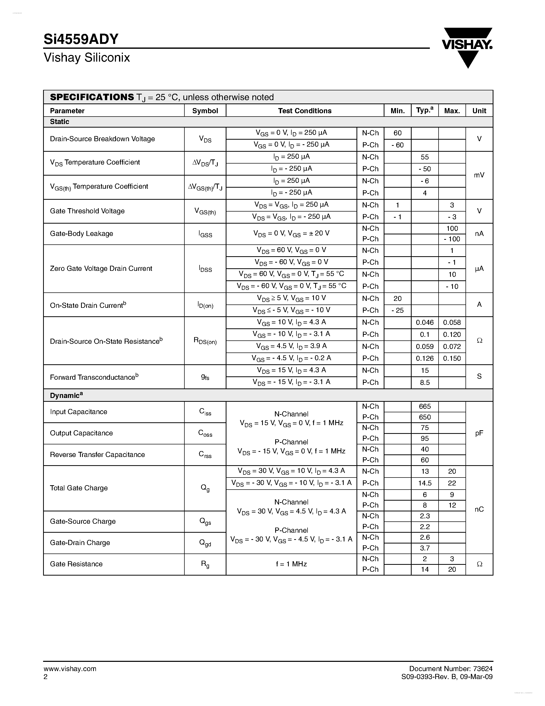 Даташит SI4559ADY - N-and P-Channel 60-V (D-S) MOSFET страница 2