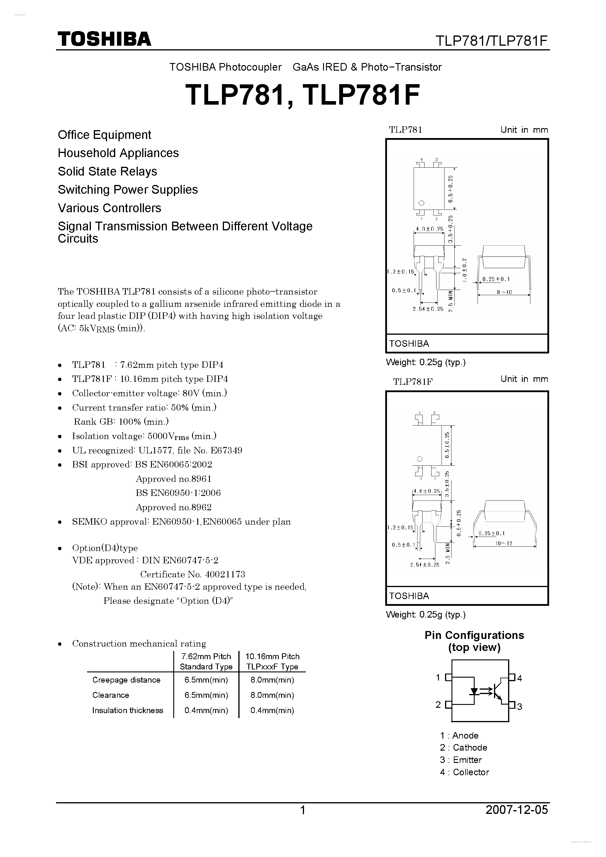 Даташит TLP781 - GaAs IRED & Photo-Transistor страница 1