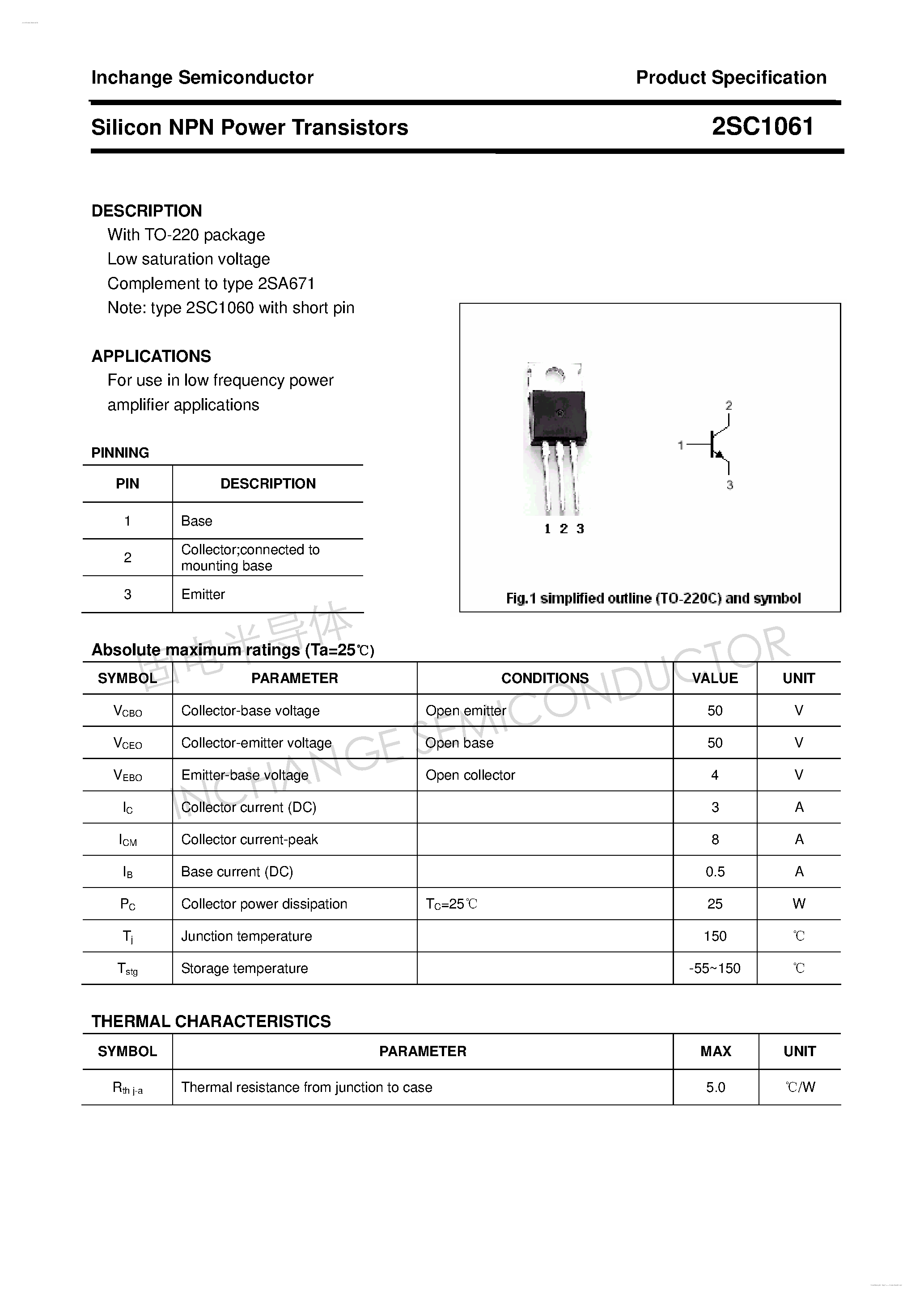 Datasheet 2SC1061 - Silicon NPN Power Transistors page 1