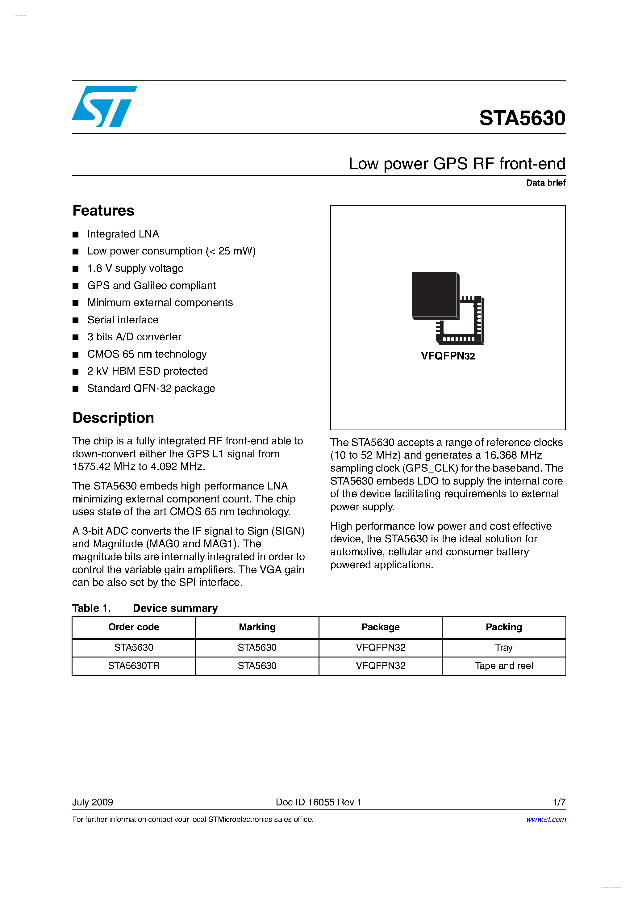 Даташит STA5630 - Low power GPS RF front-end страница 1