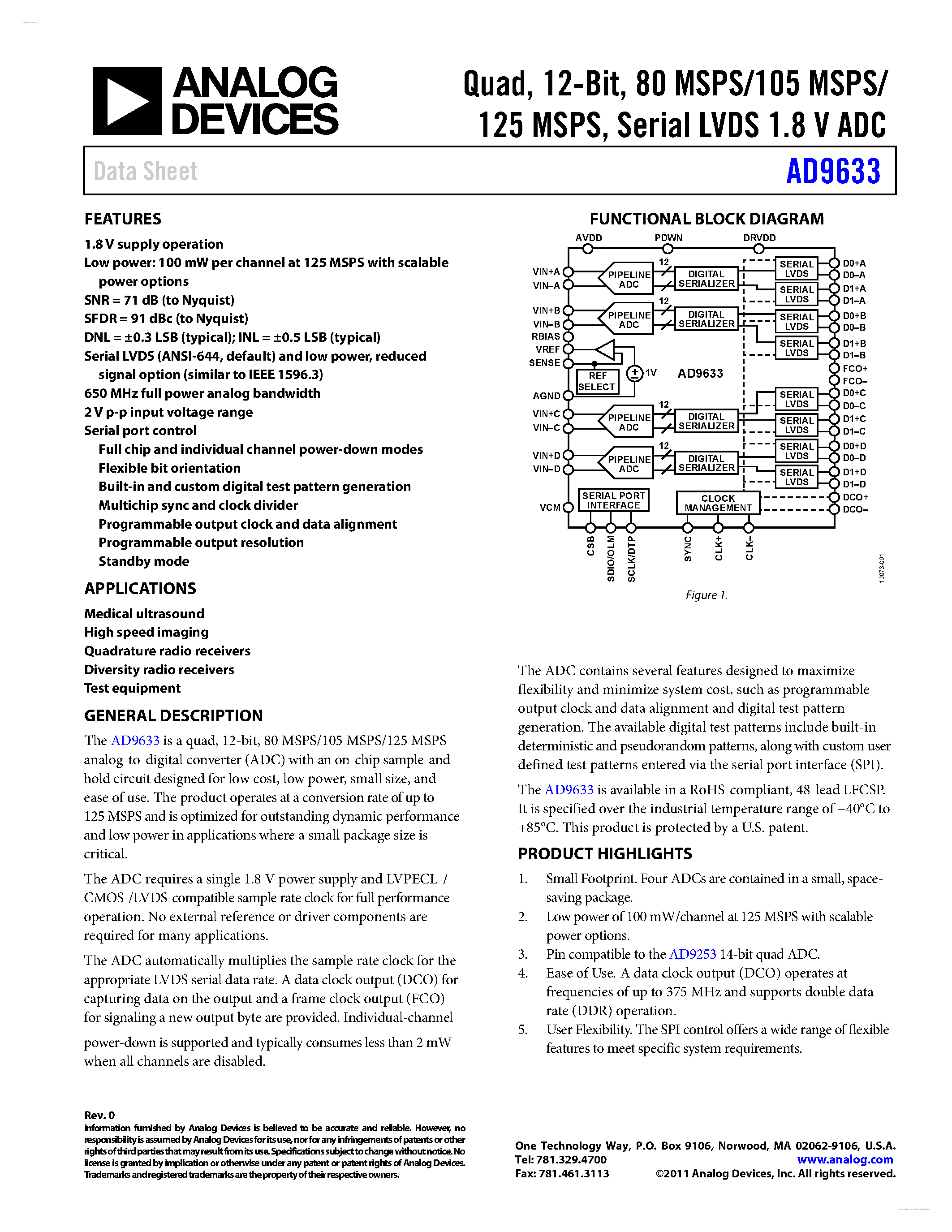 Datasheet AD9633 - Serial LVDS 1.8 V ADC page 1