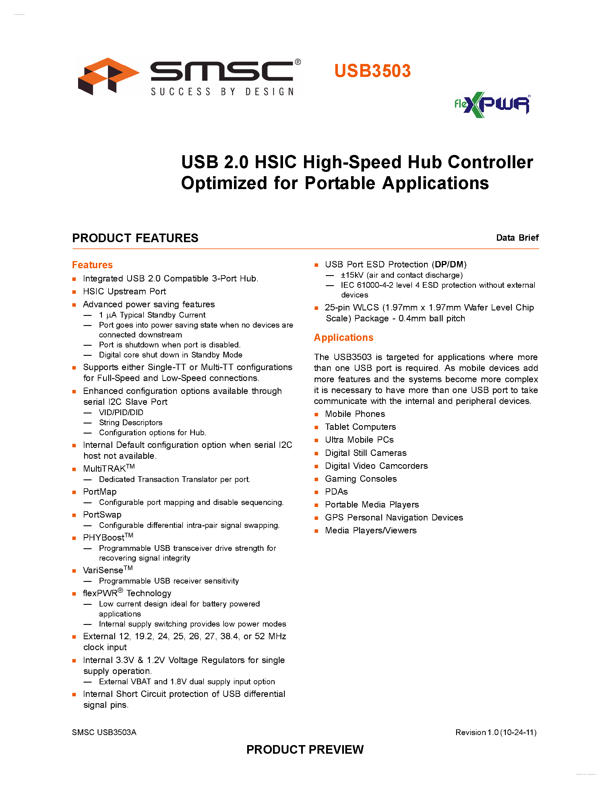 Даташит USB3503 - USB 2.0 HSIC High-Speed Hub Controller Optimized страница 1