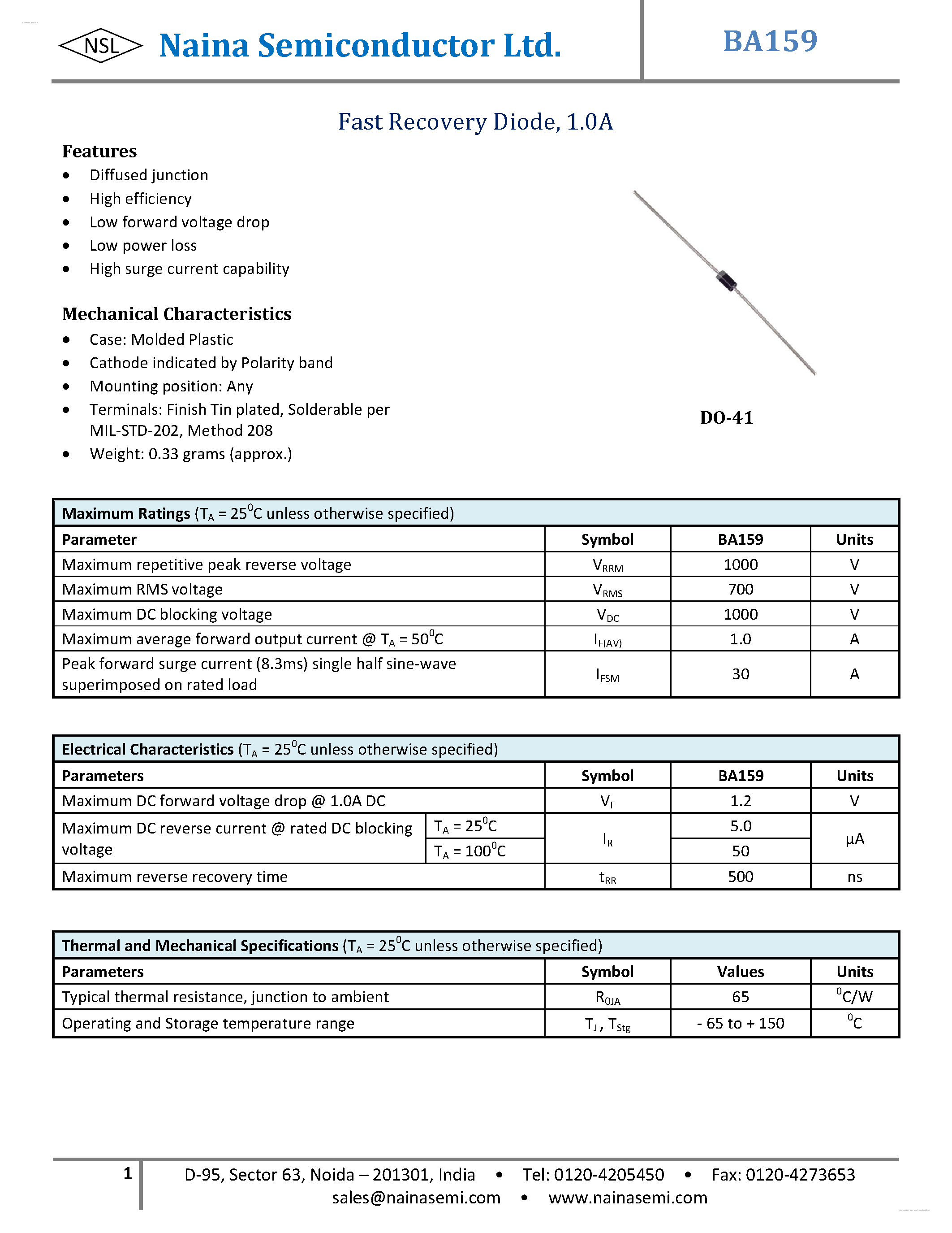 Datasheet BA159 - Fast Recovery Diodes page 1