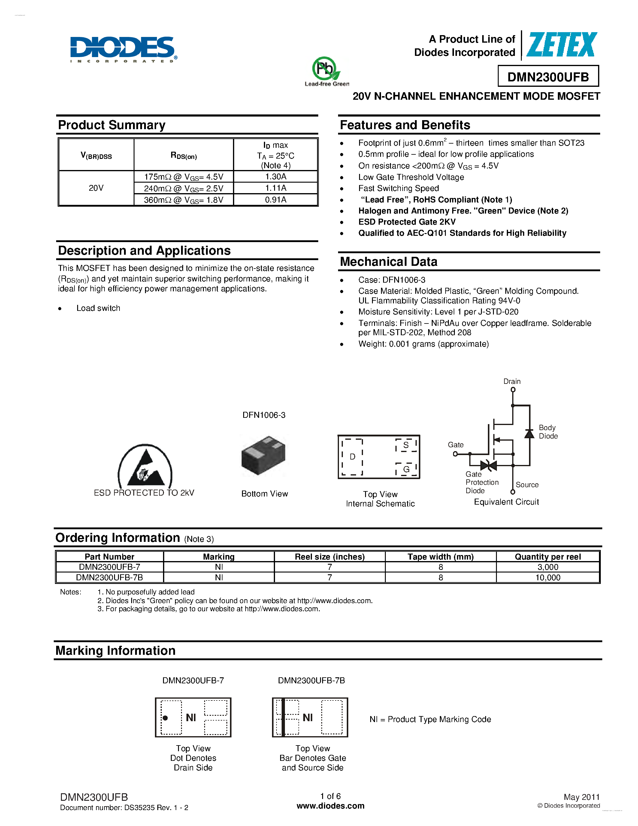 Даташит DMN2300UFB - 20V N-CHANNEL ENHANCEMENT MODE MOSFET страница 1