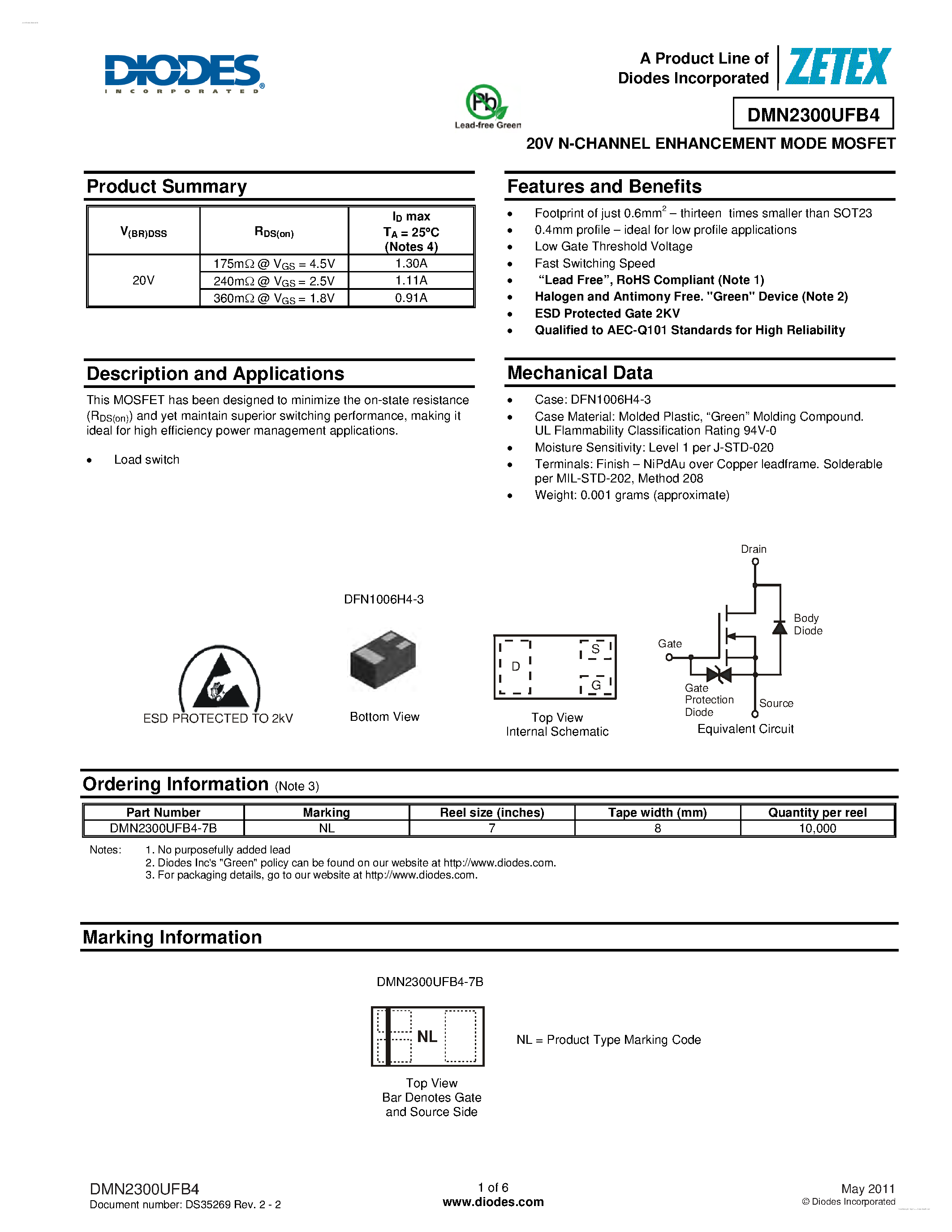 Даташит DMN2300UFB4 - 20V N-CHANNEL ENHANCEMENT MODE MOSFET страница 1