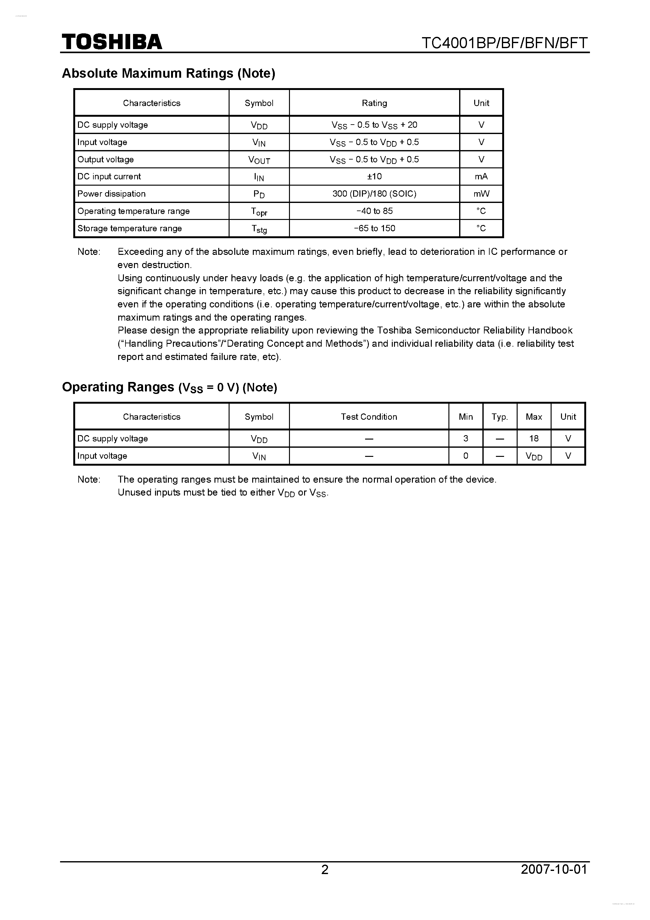 Даташит TC4001BF - CMOS Digital Integrated Circuit страница 2