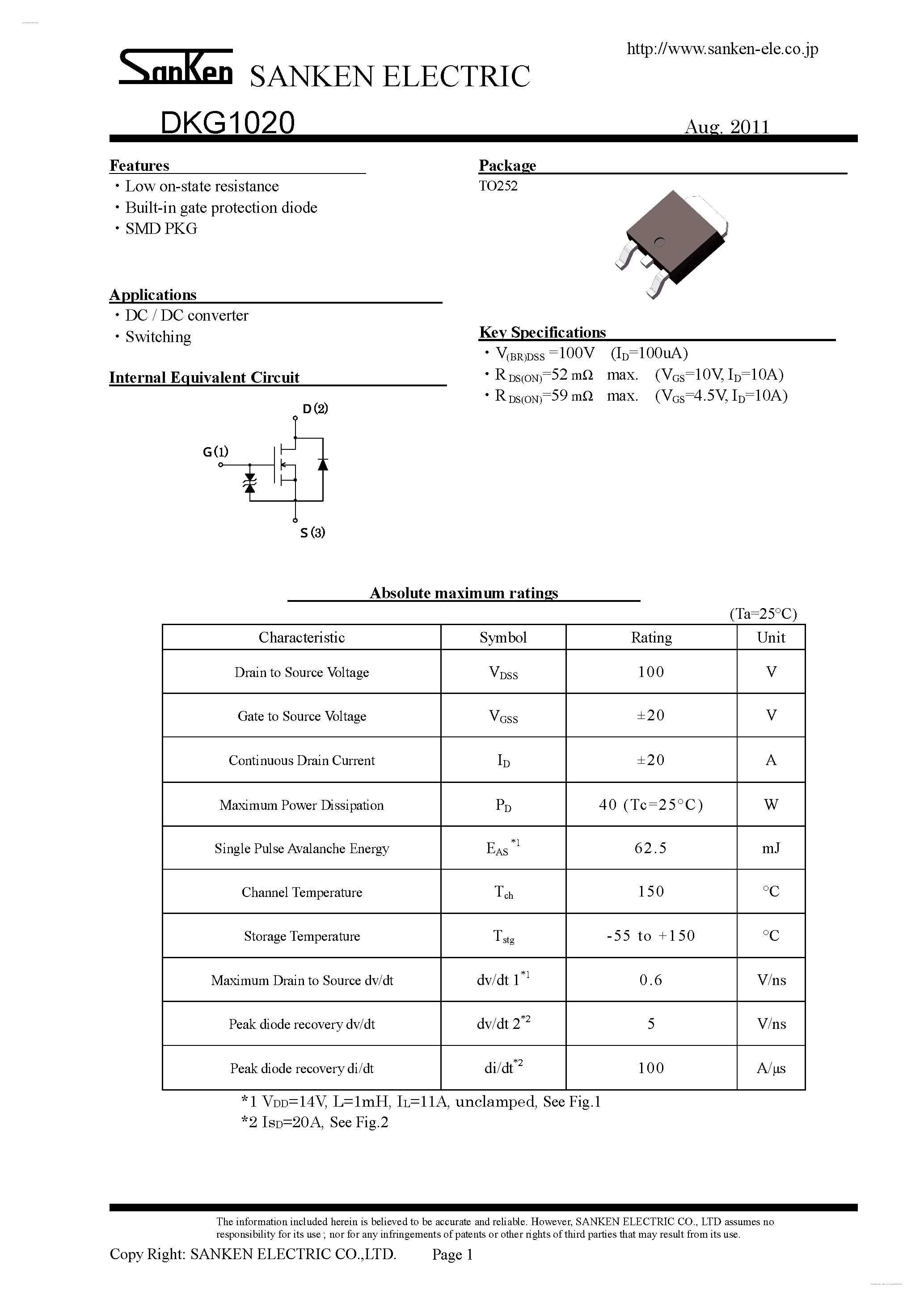 Datasheet DKG1020 - Low on-state resistance page 1