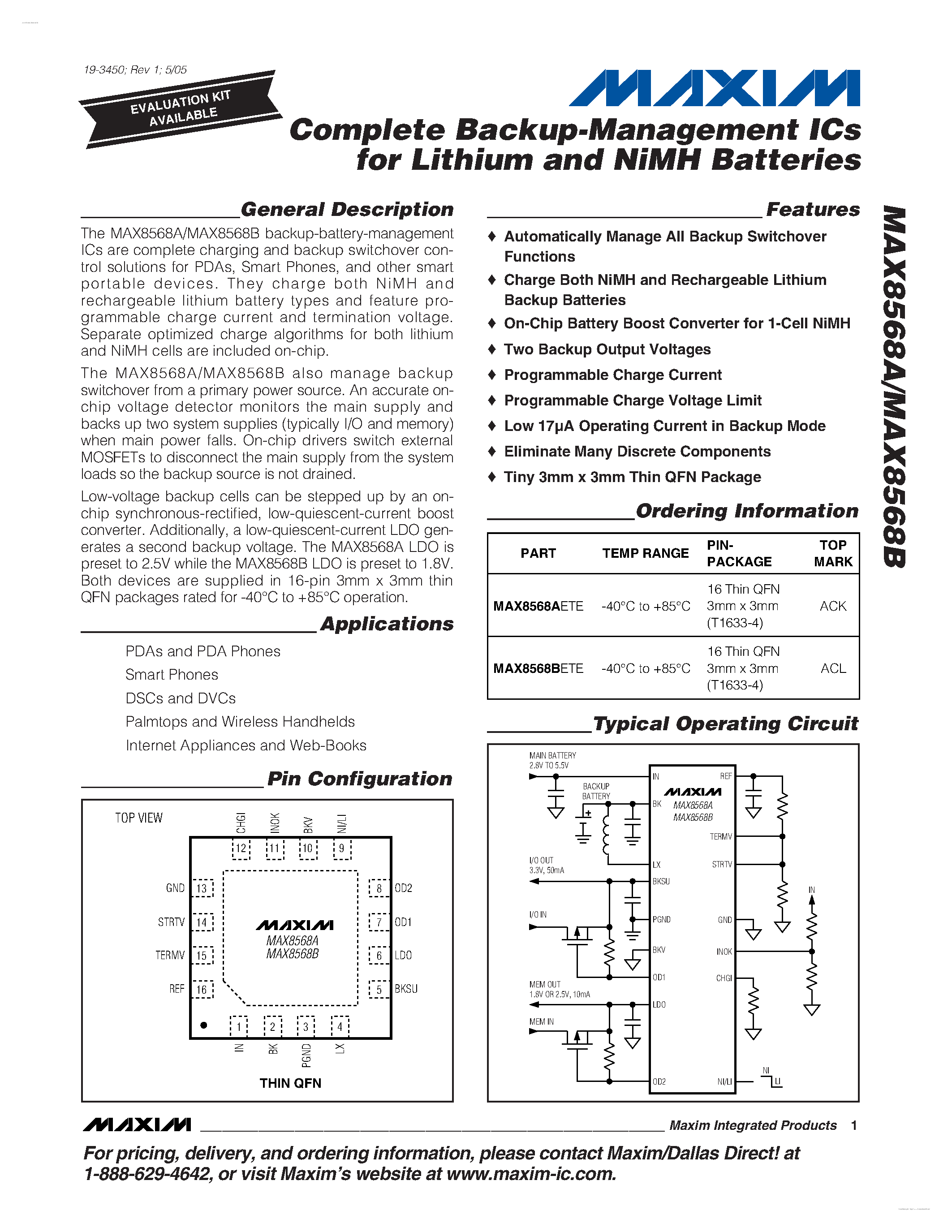 Datasheet MAX8568A - (MAX8568A/B) Complete Backup-Management ICs page 1