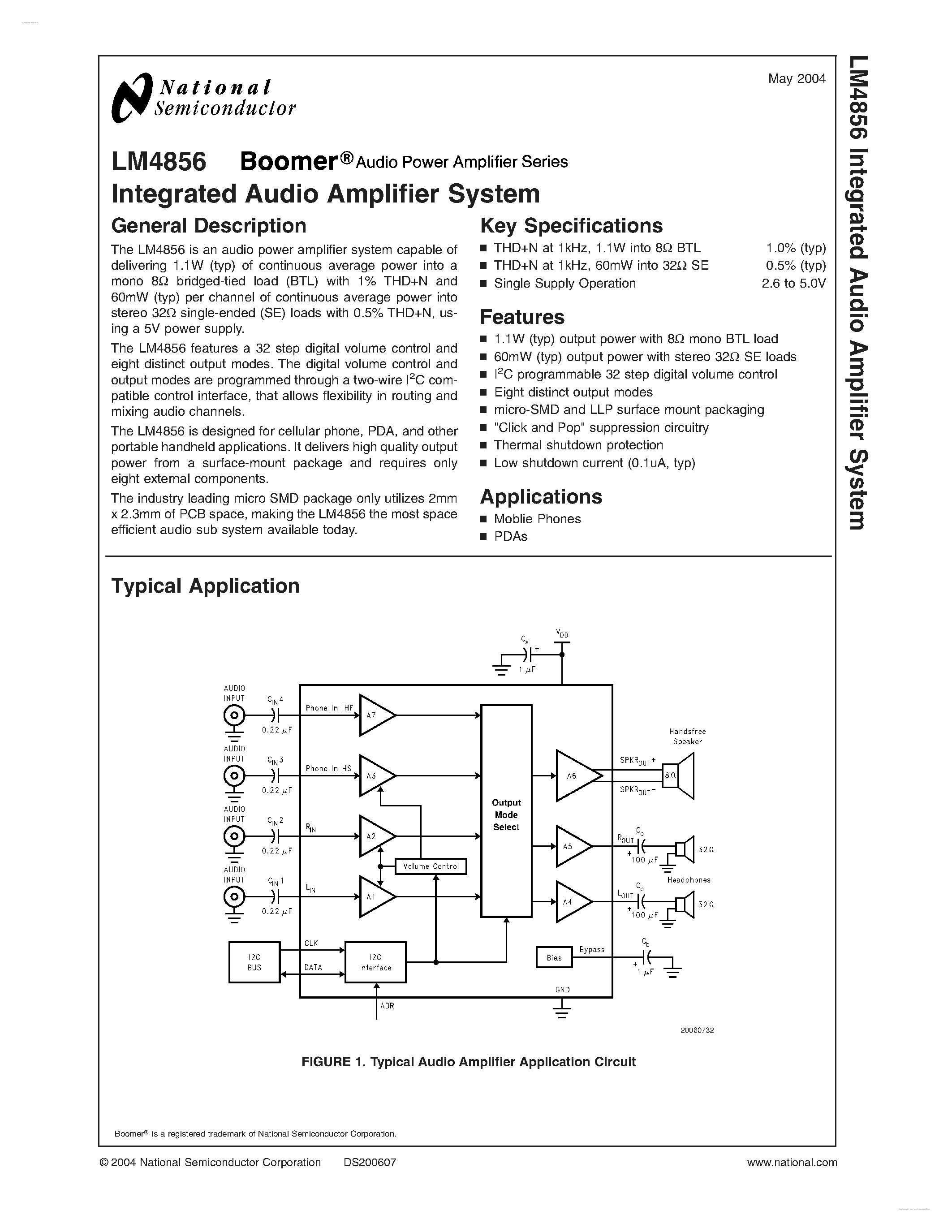 Даташит LM4856 - Integrated Audio Amplifier System страница 1