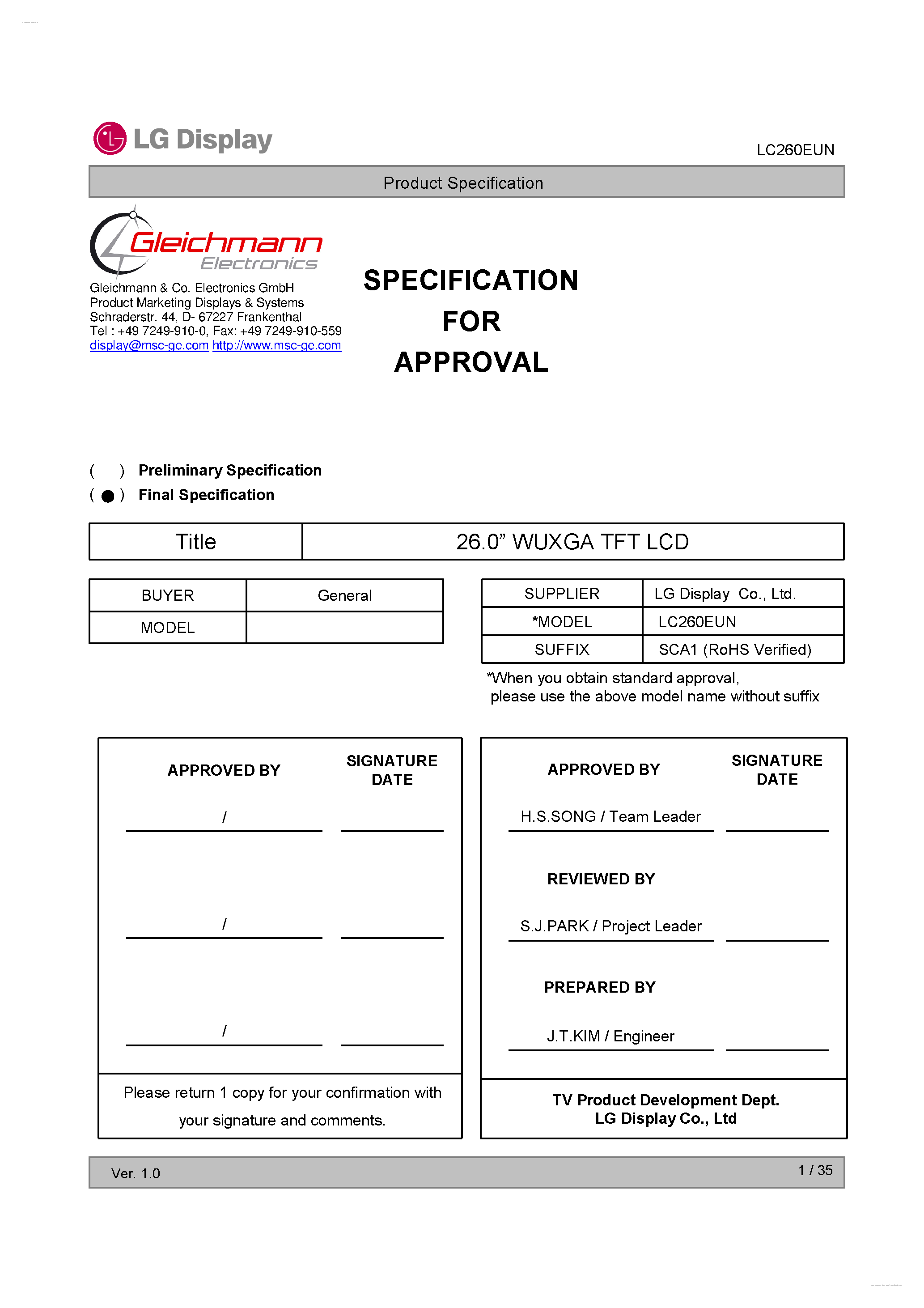 Datasheet LC260EUN-SCA1 - Display Module page 1