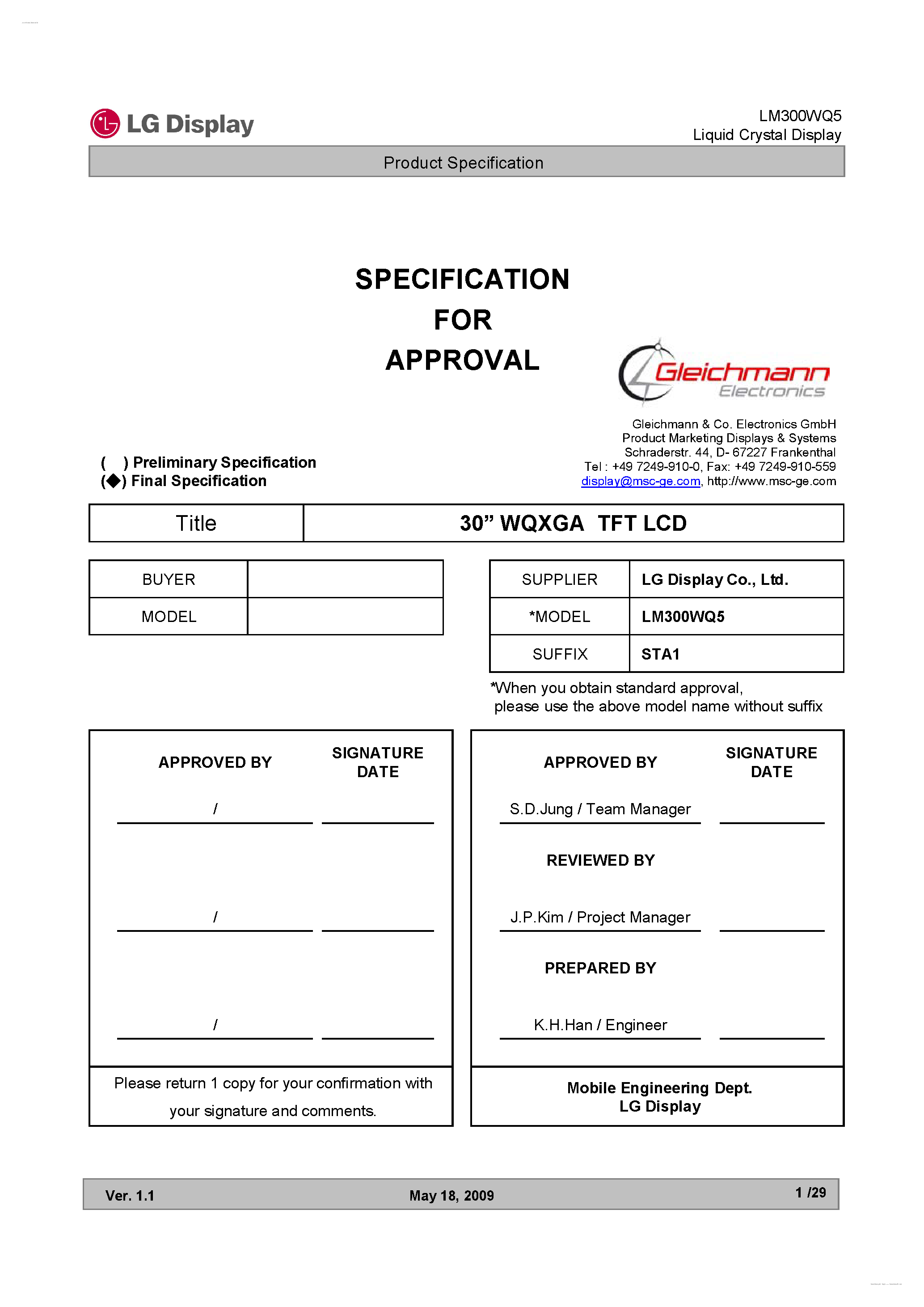 Datasheet LM300WQ5-STA1 - Display Module page 1