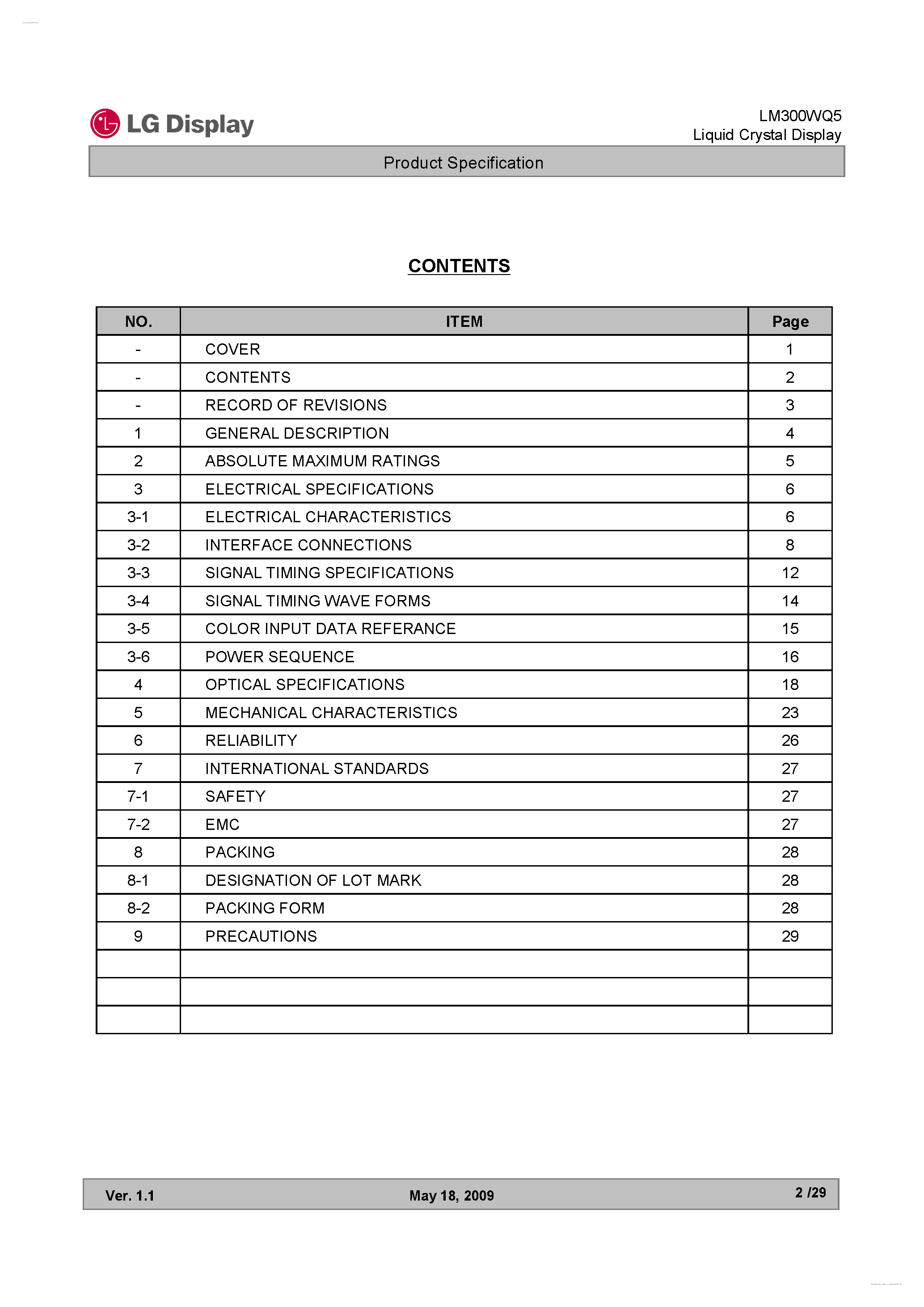 Datasheet LM300WQ5-STA1 - Display Module page 2