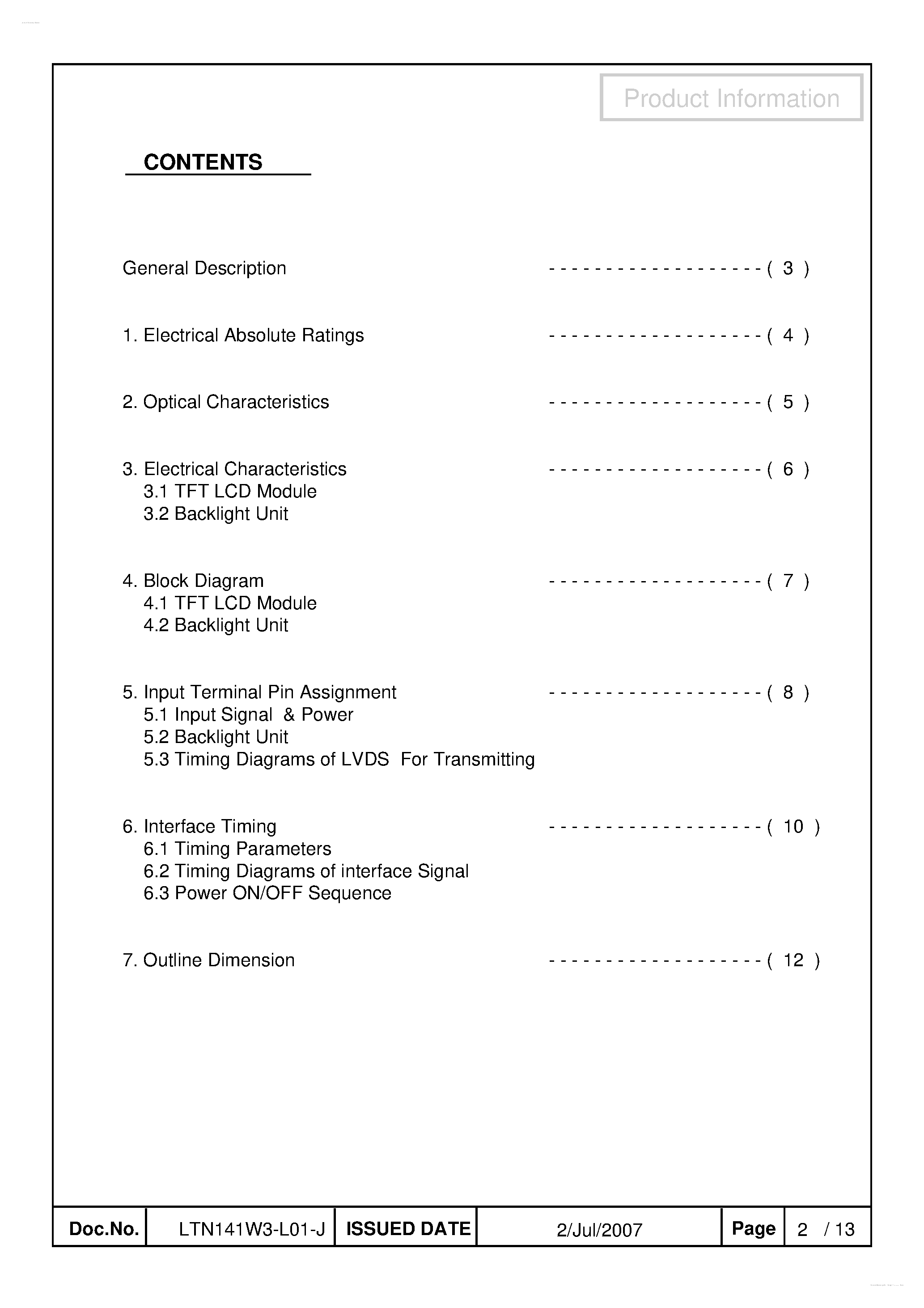 Datasheet LTN141W3-L01-J page 2 Datasheet LTN141W3-L01-J - Display Module page 2