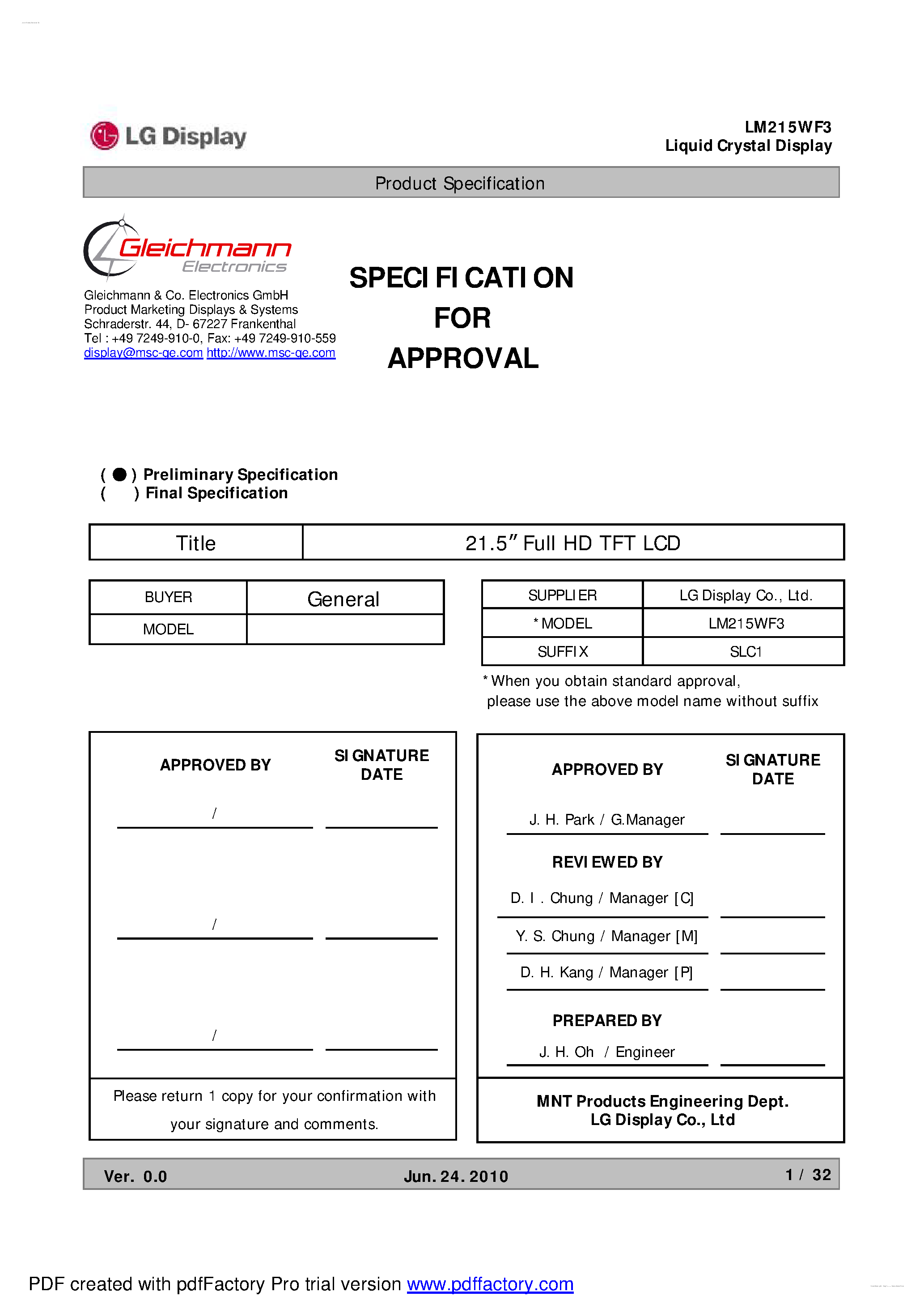 Datasheet LM215WF3-SLC1 - Display Module page 1