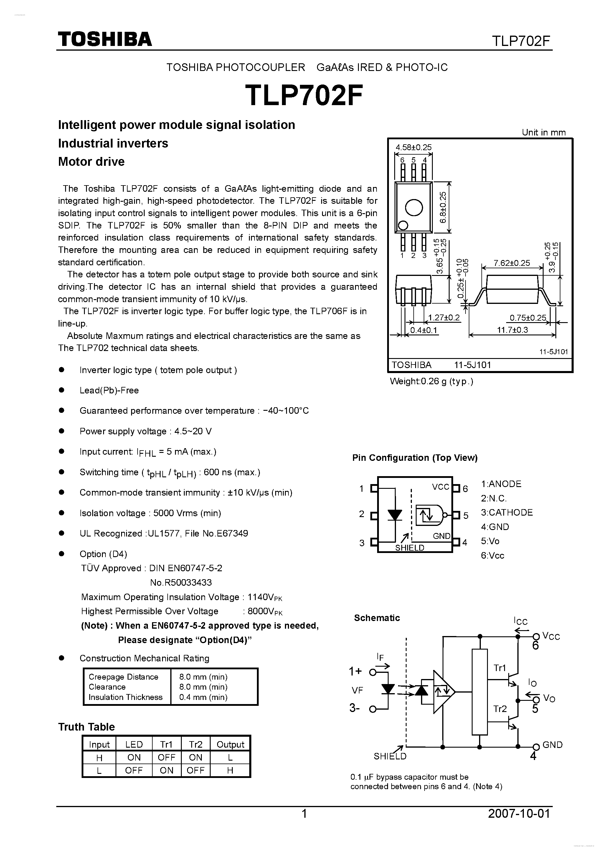 Даташит TLP702F - Intelligent power module signal isolation страница 1