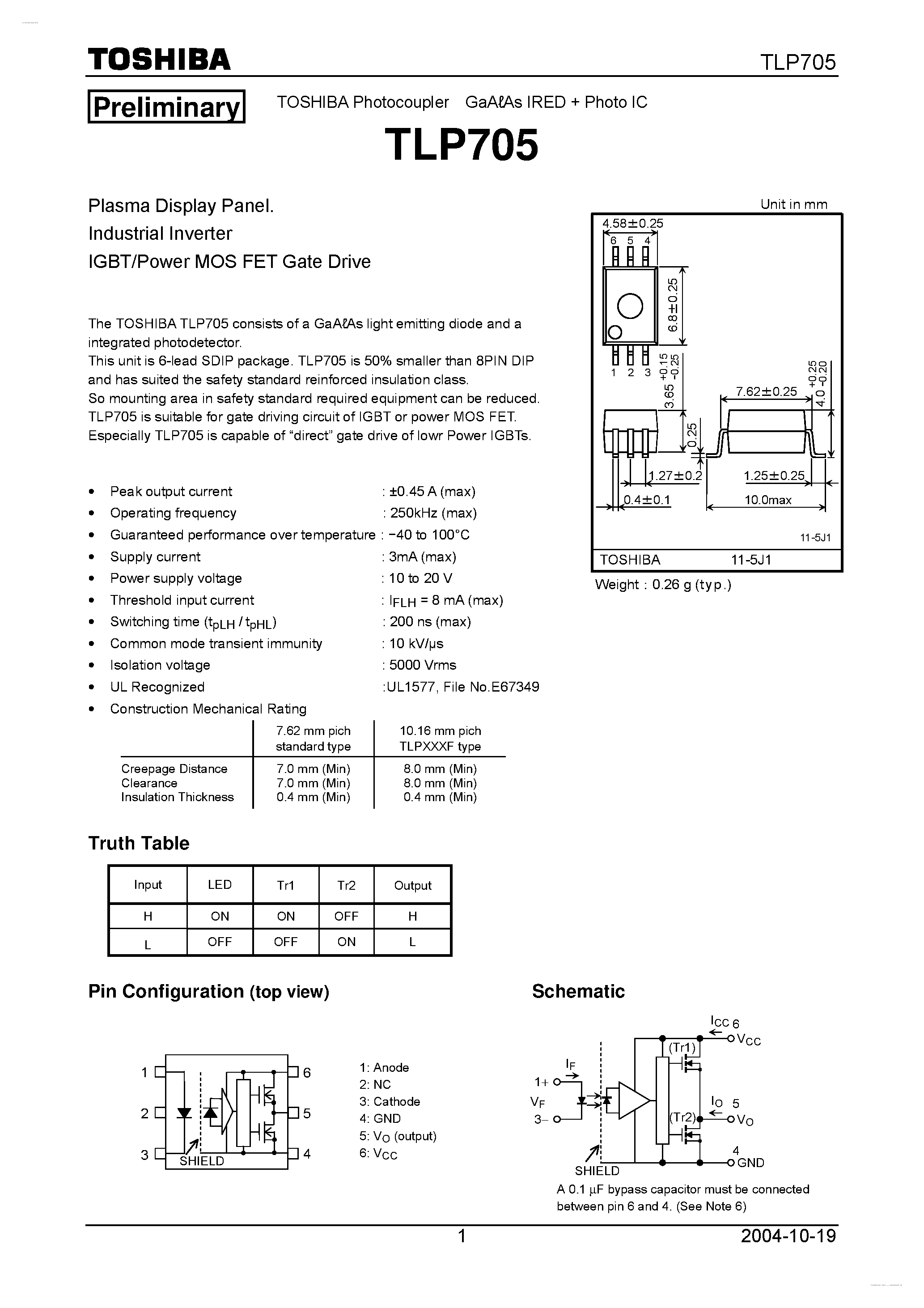 Даташит TLP705 - Industrial Inverter IGBT/Power MOS FET Gate Drive страница 1