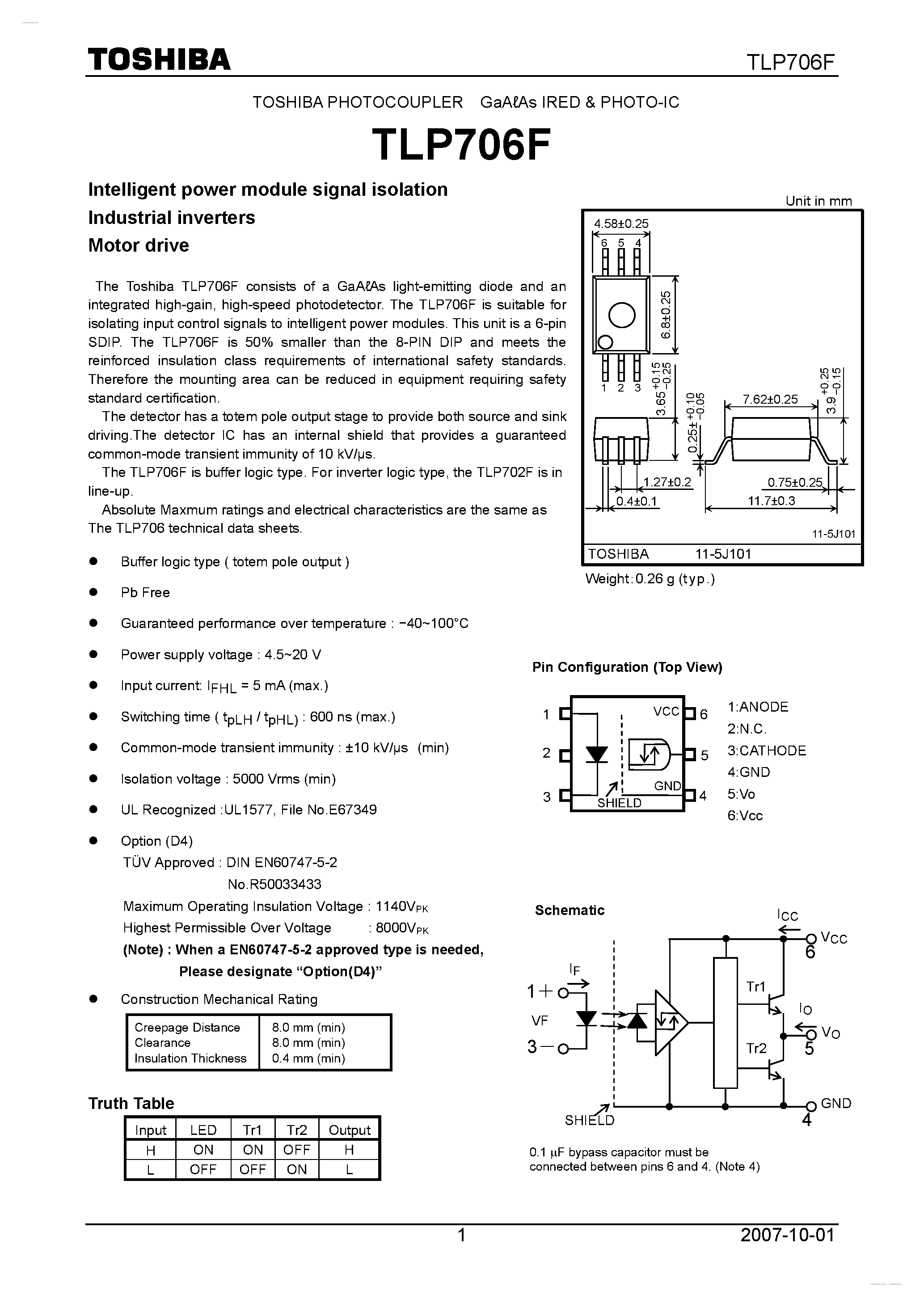 Даташит TLP706F - Intelligent power module signal isolation страница 1