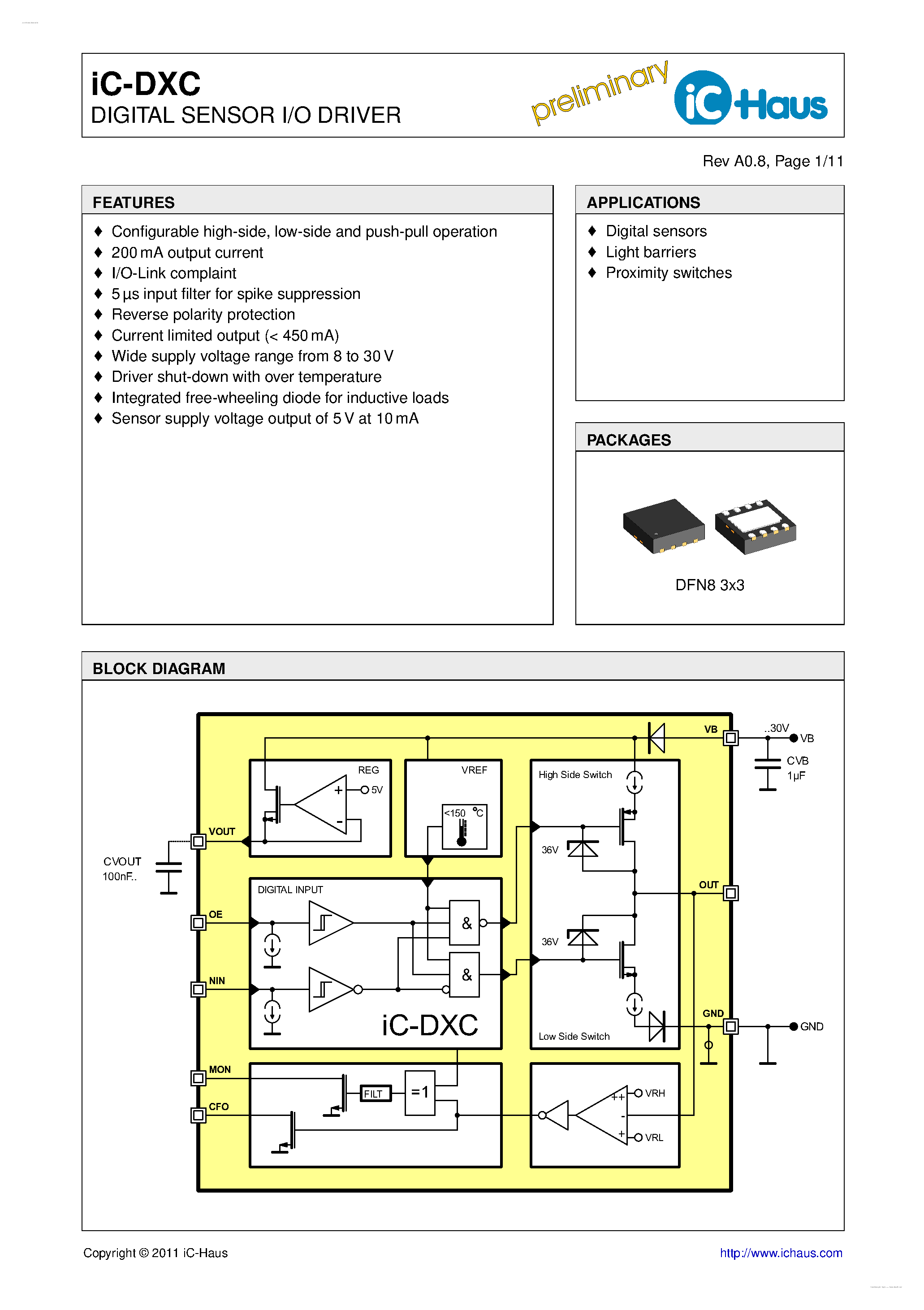 Datasheet IC-DXC - DIGITAL SENSOR I/O DRIVER page 1