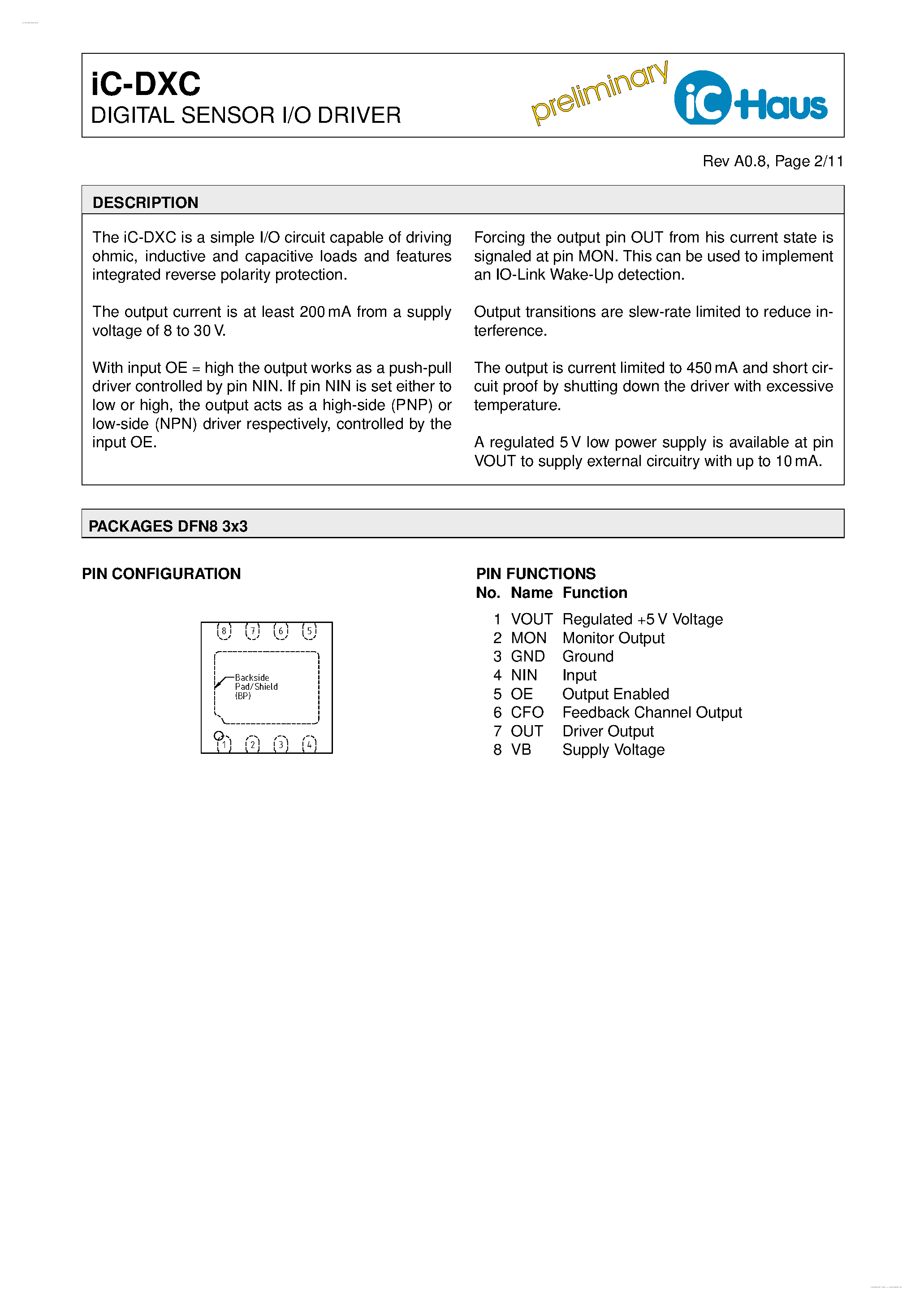 Datasheet IC-DXC - DIGITAL SENSOR I/O DRIVER page 2