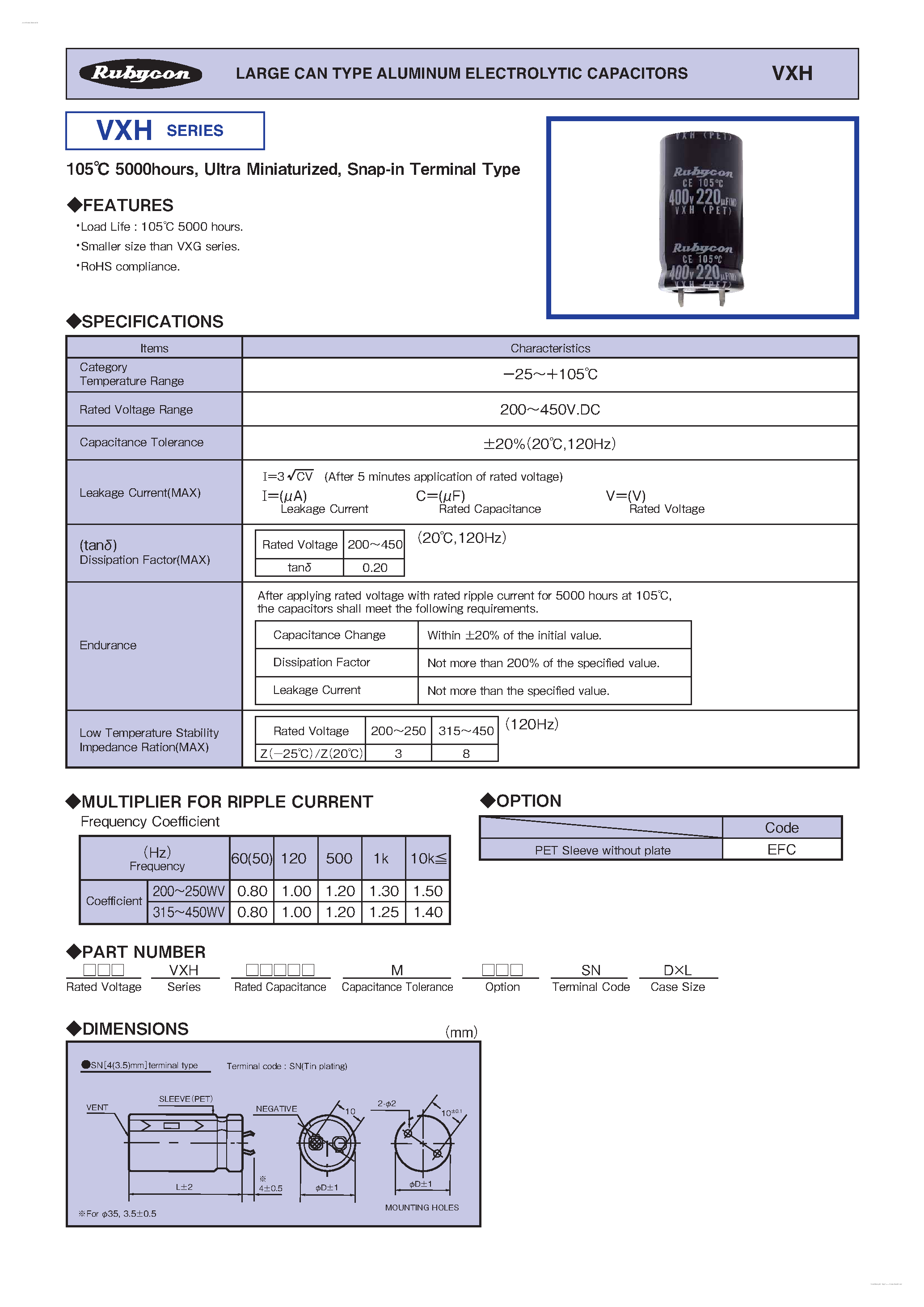 Даташит VXH - LARGE CAN TYPE ALUMINUM ELECTROLYTIC CAPACITORS страница 1