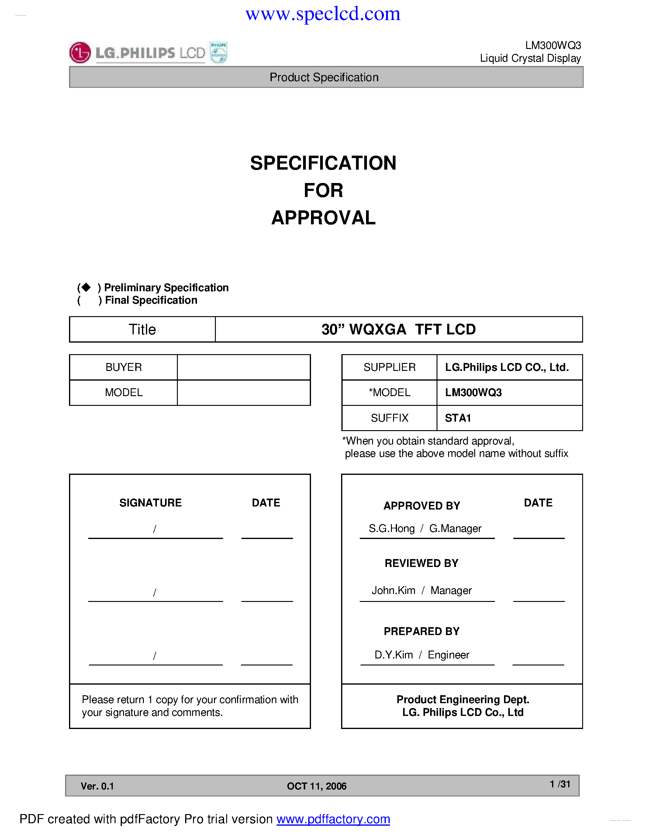 Datasheet LM300WQ3-STA1 - Display Module page 1