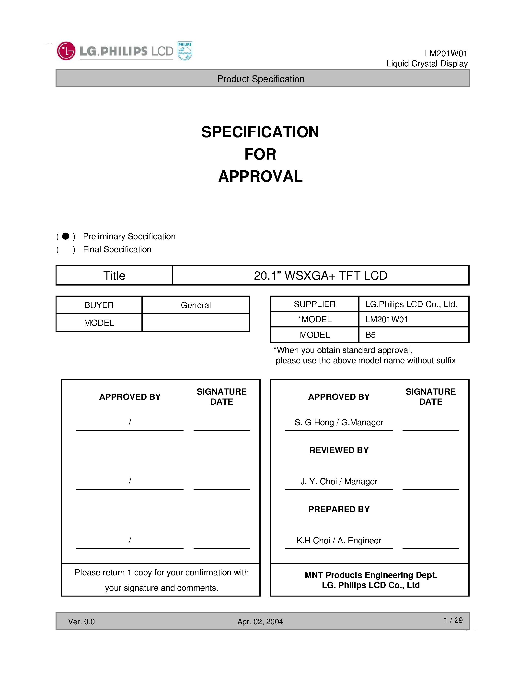 Datasheet LM201W01-B5 - Display Module page 1