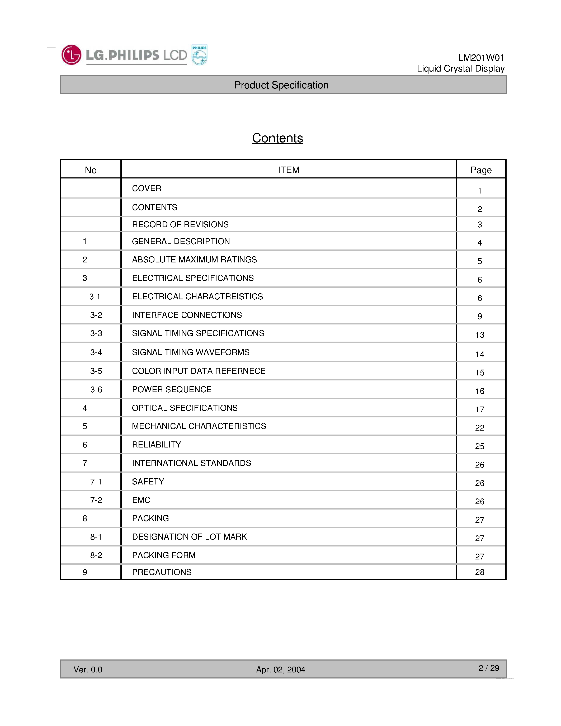 Datasheet LM201W01-B5 - Display Module page 2