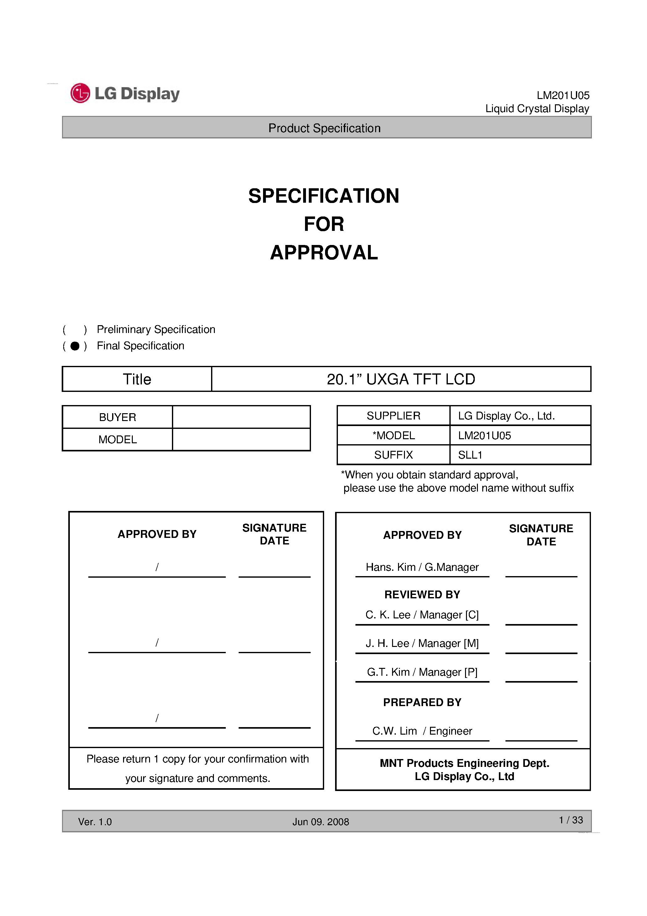 Datasheet LM201U05-SLL1 - Display Module page 1