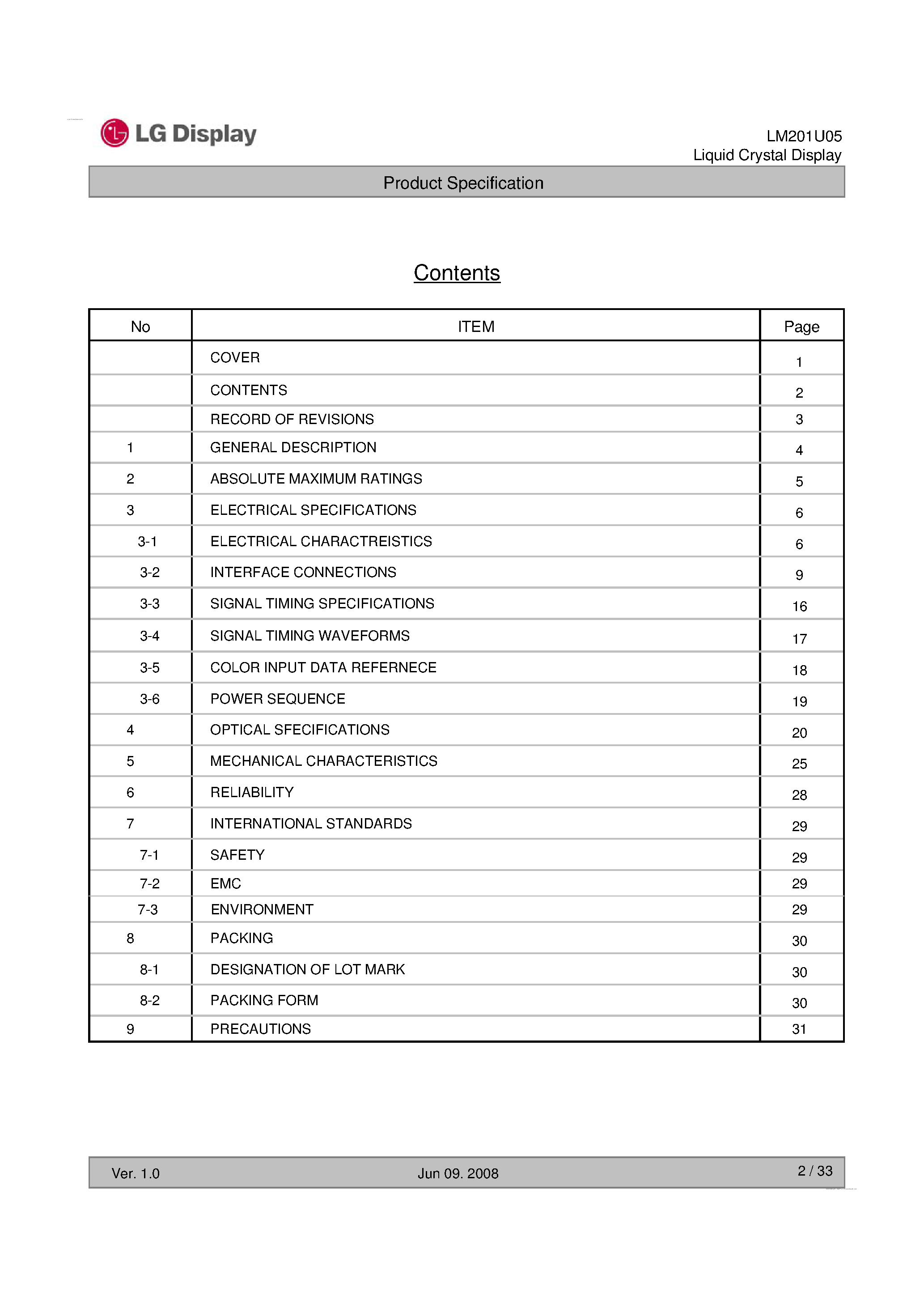 Datasheet LM201U05-SLL1 - Display Module page 2