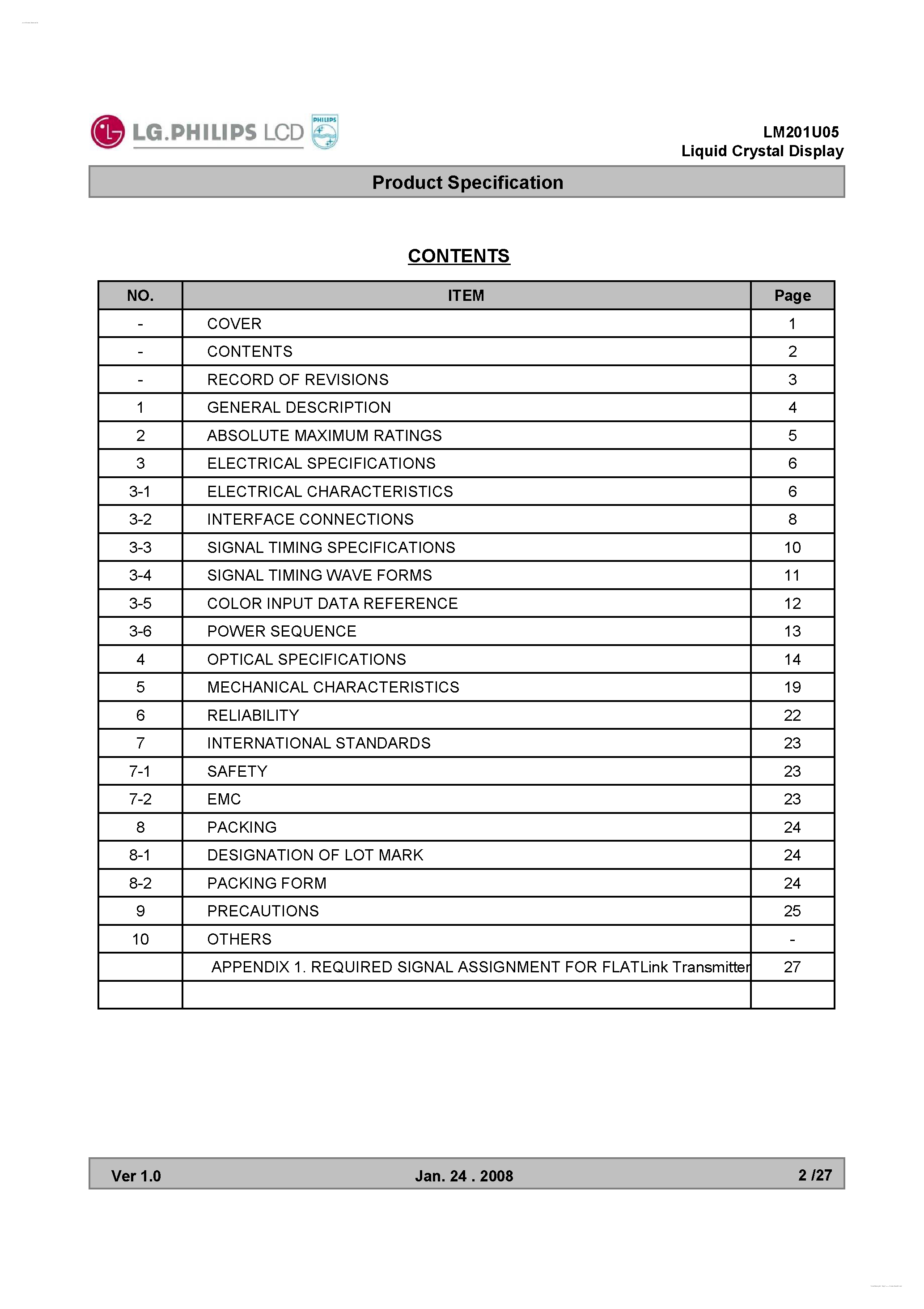 Datasheet LM201U05-SLA3 - Display Module page 2