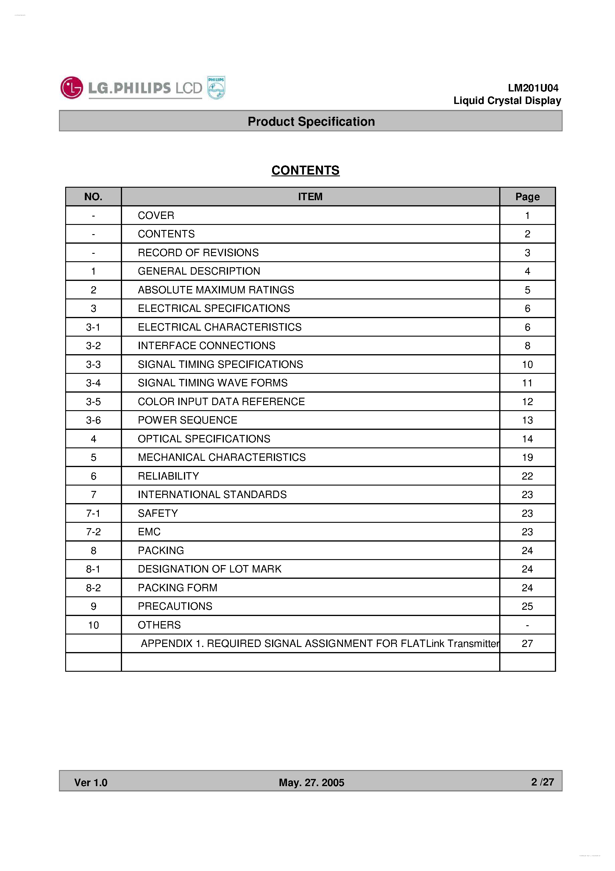 Datasheet LM201U04-SL03 - Display Module page 2