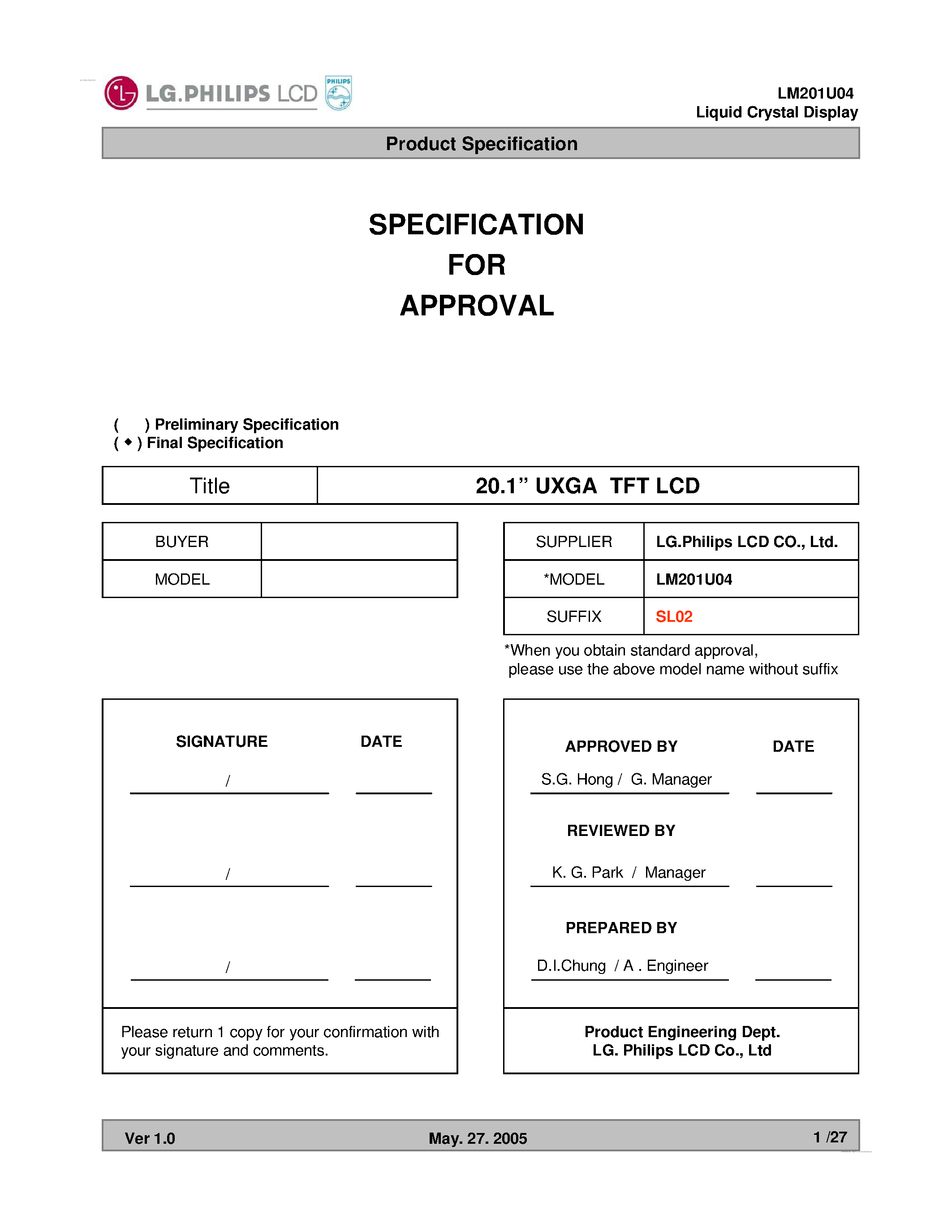 Datasheet LM201U04-SL02 - Display Module page 1