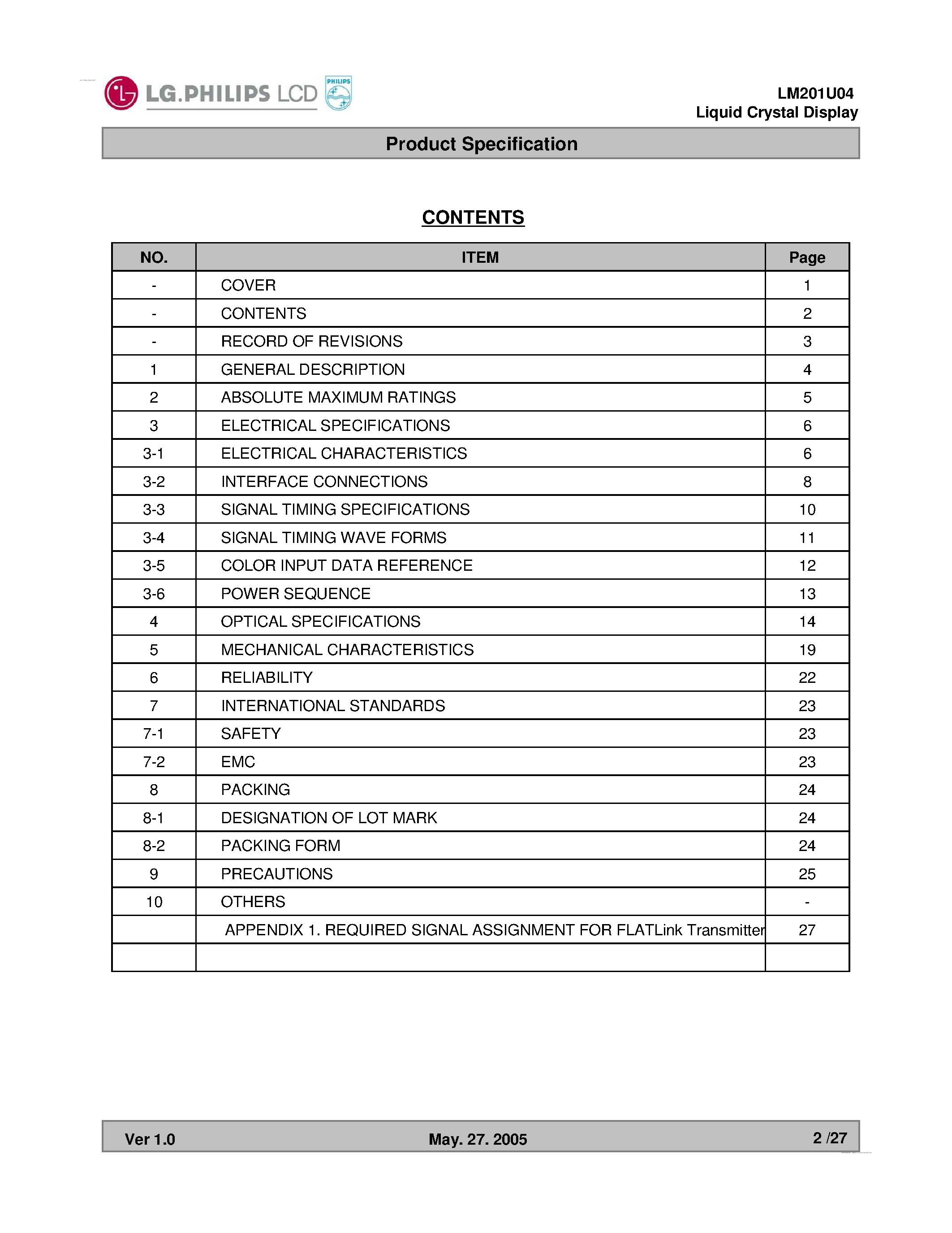 Datasheet LM201U04-SL02 - Display Module page 2