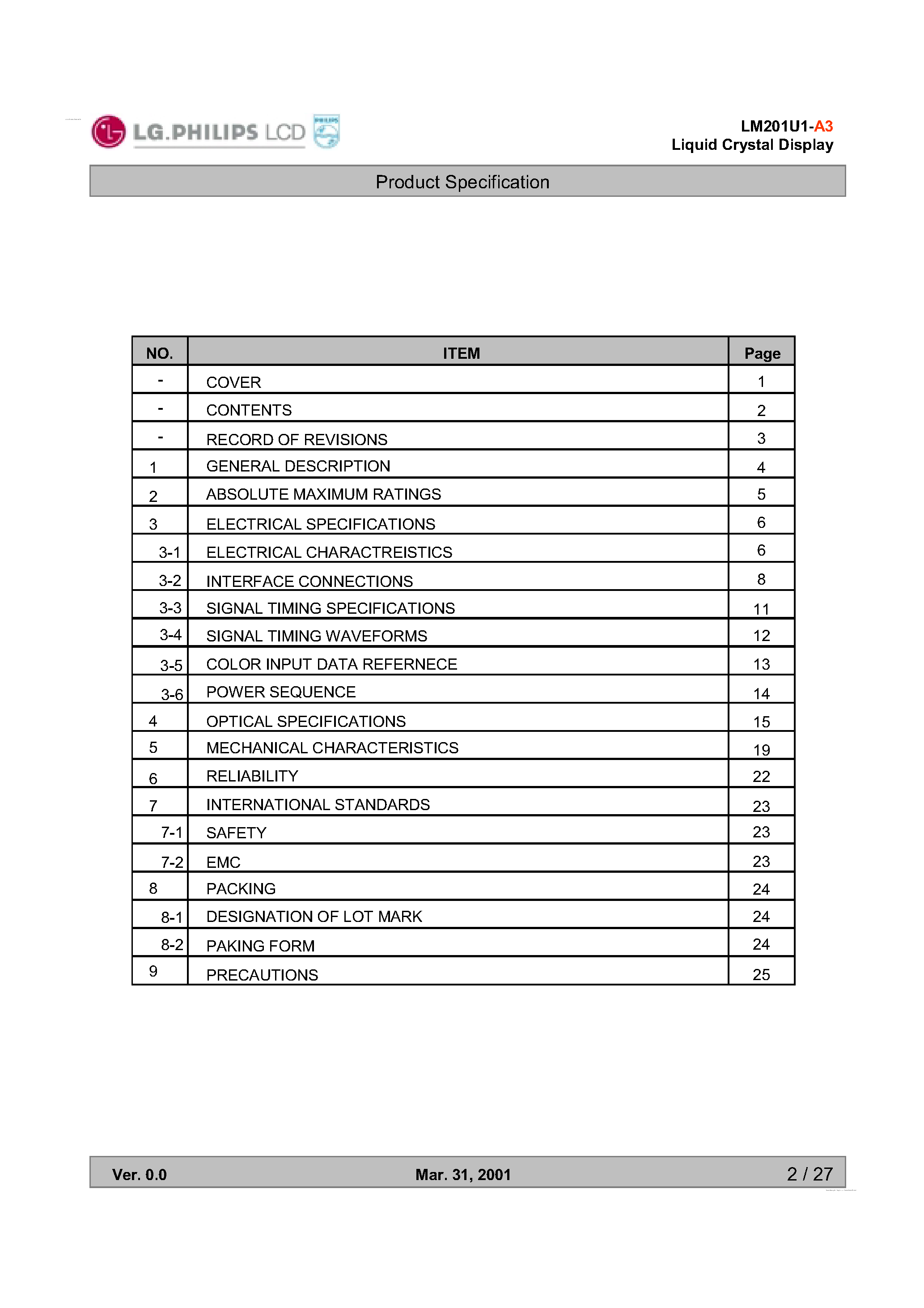 Datasheet LM201U1-A3 - Display Module page 2