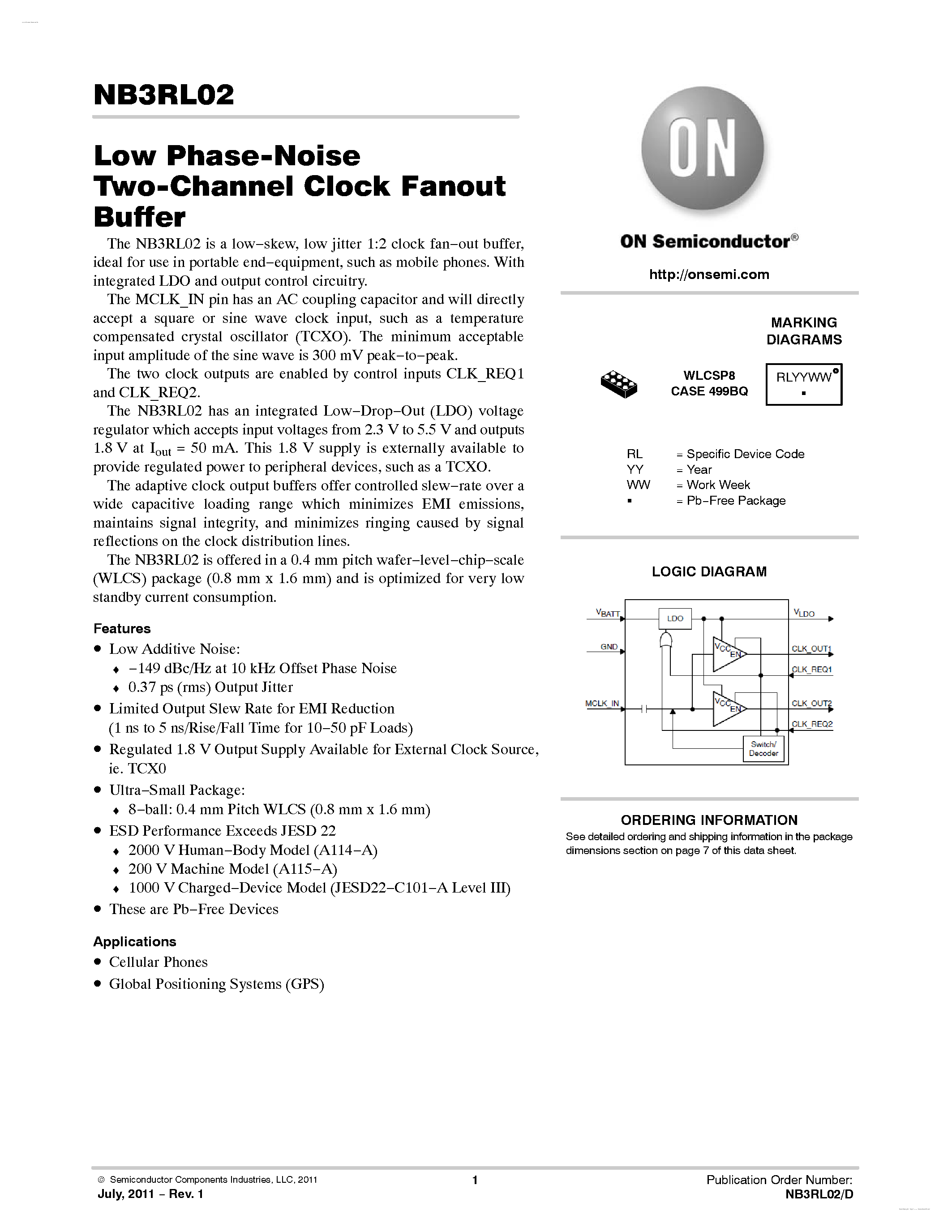 Даташит NB3RL02 - Low Phase-Noise Two-Channel Clock Fanout Buffer страница 1