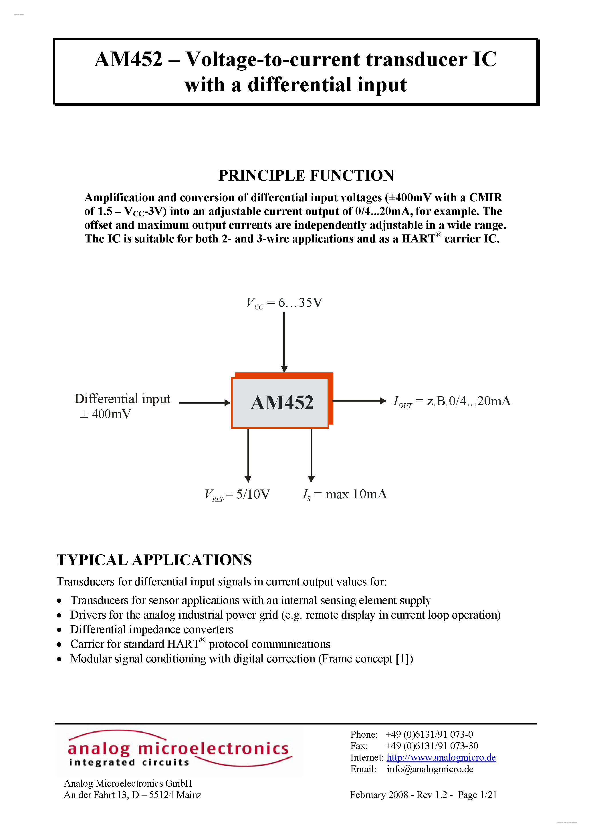 Даташит AM452 - Voltage-to-current transducer IC страница 1