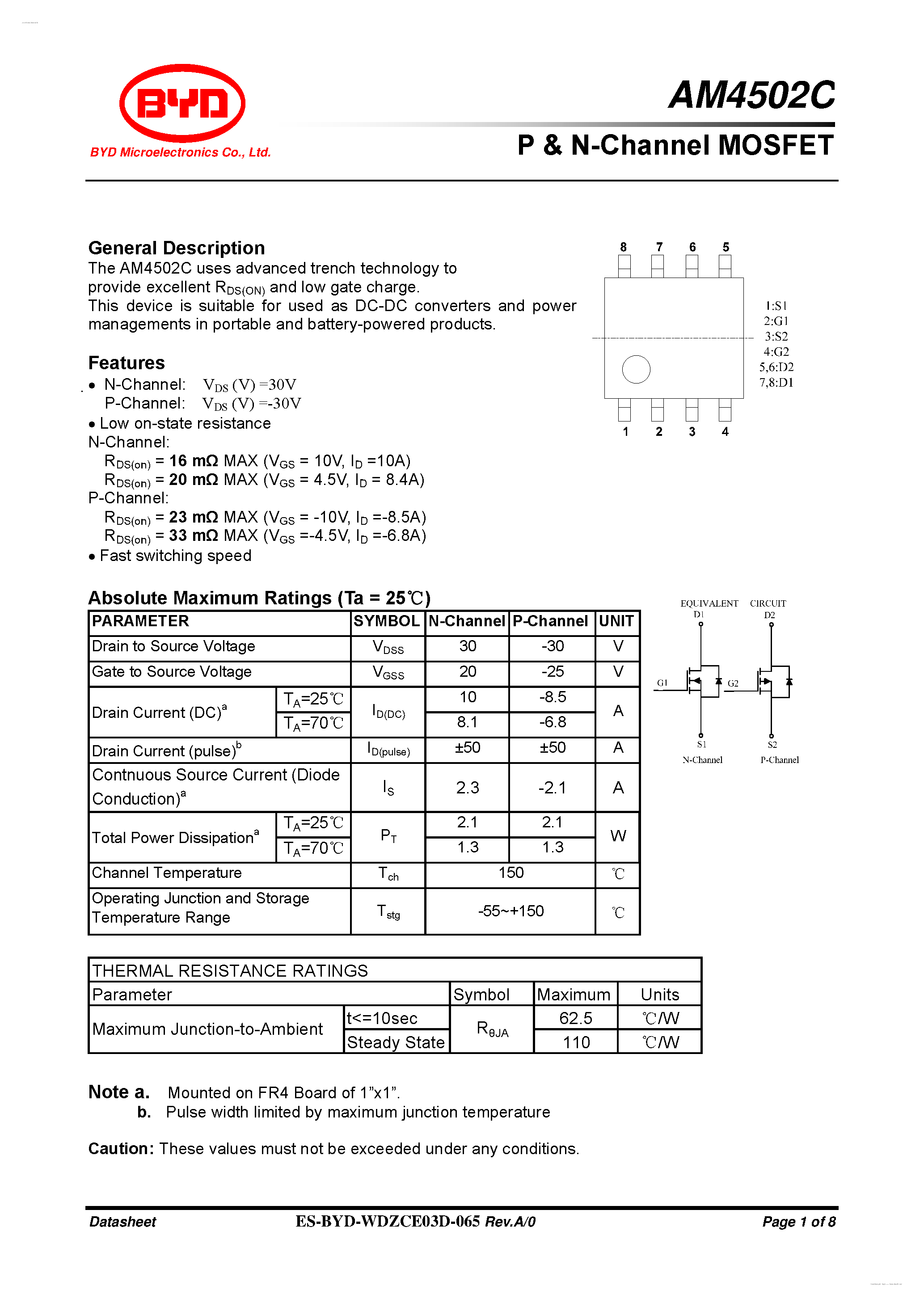 Даташит AM4502C - P & N-Channel MOSFET страница 1