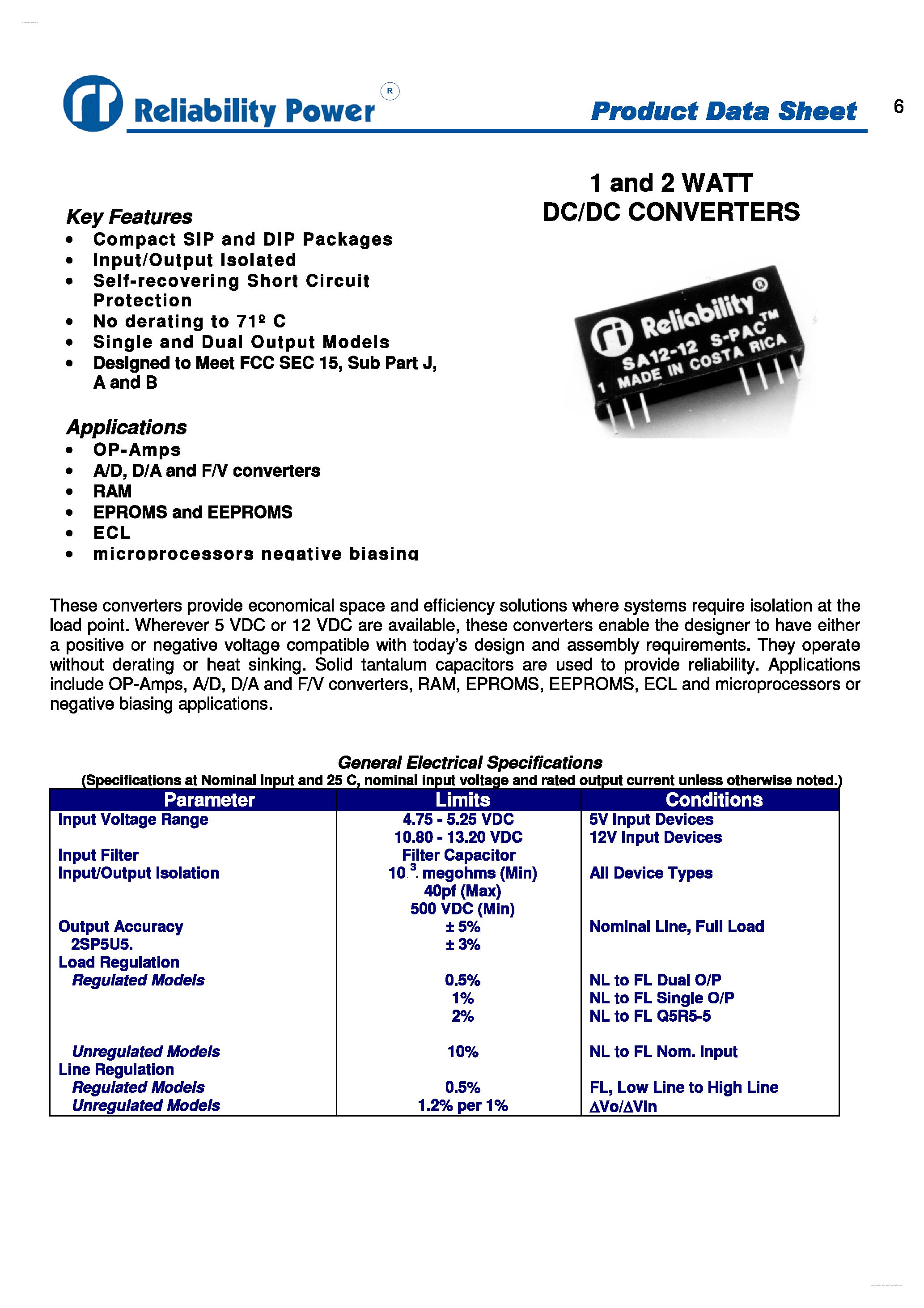 Даташит S5R12 - 1 and 2 WATT DC/DC CONVERTERS страница 1