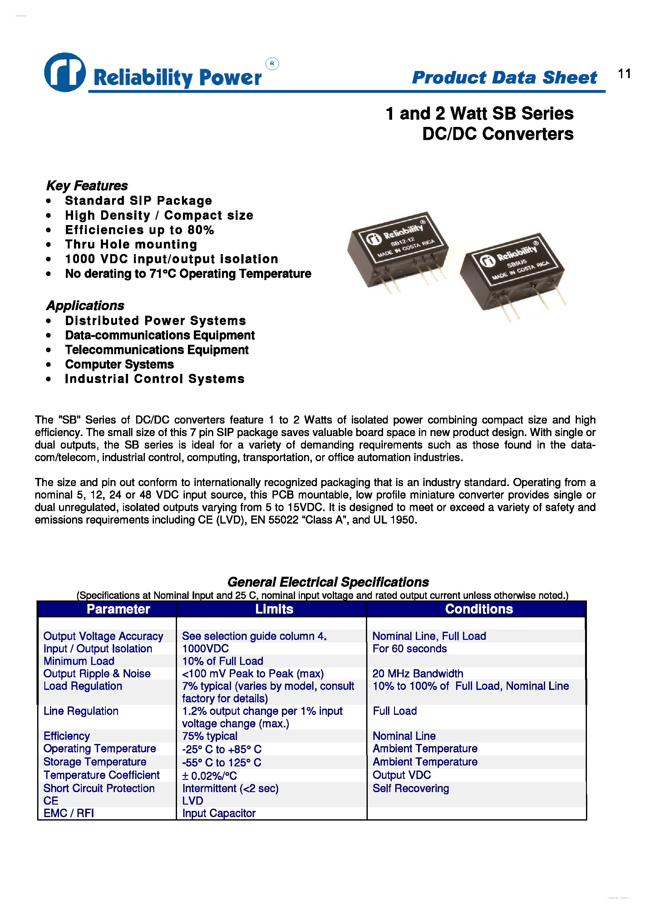 Даташит SB5U12 - 1 and 2 Watt SB Series DC/DC Converters страница 1