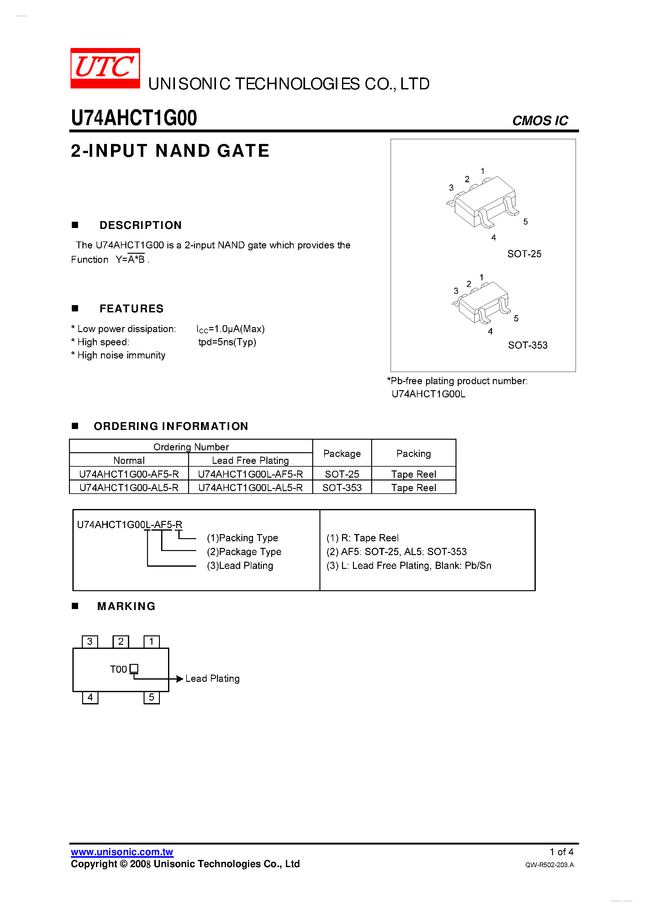 Даташит U74AHCT1G00 - 2-INPUT NAND GATE страница 1