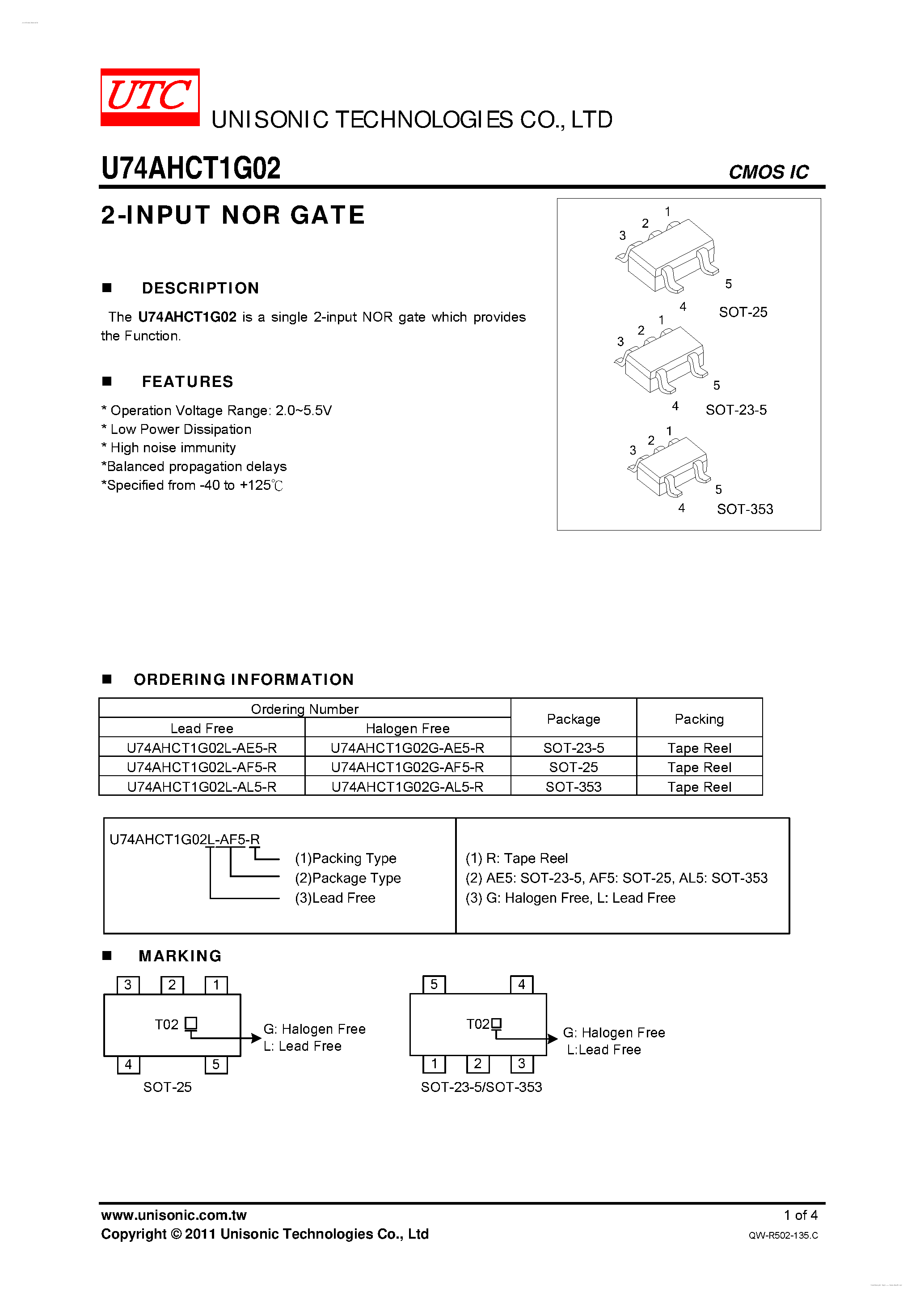 Даташит U74AHCT1G02 - 2-INPUT NOR GATE страница 1