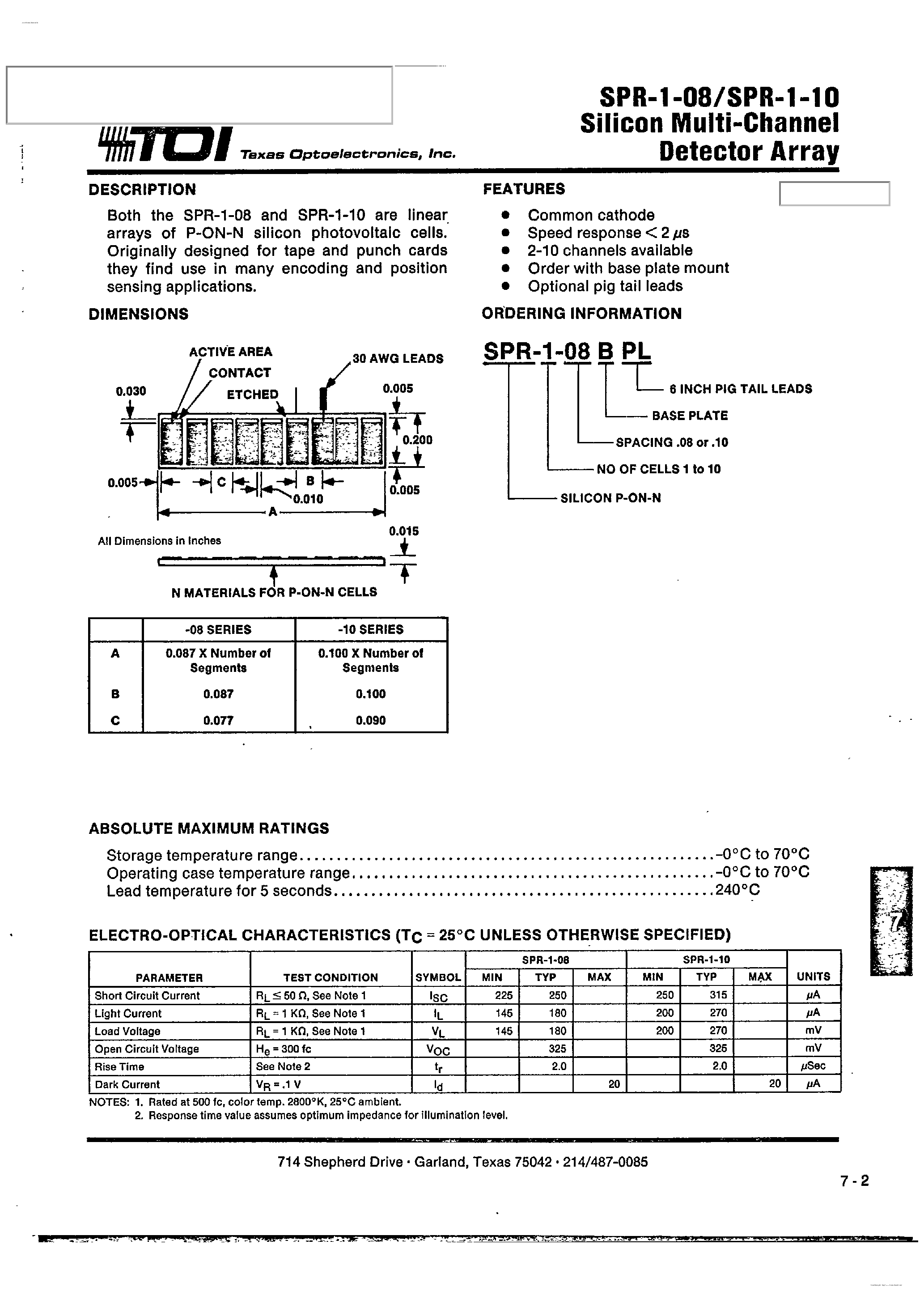 Даташит SPR-1-08 - (SPR-1-08 / -10) SILICON MULTI-CHANNEL DETECTOR ARRAY страница 1