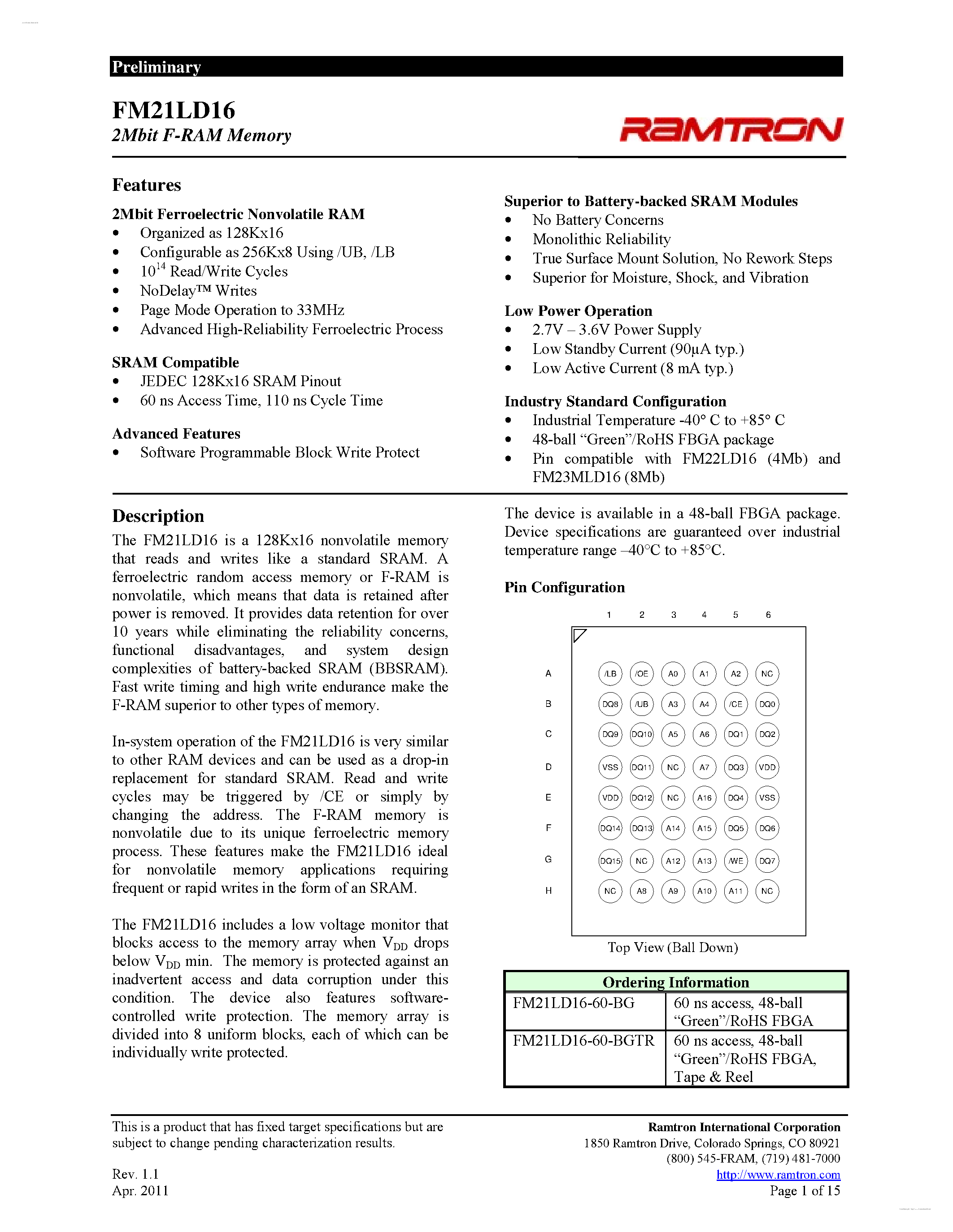 Даташит FM21LD16 - 2Mbit F-RAM Memory страница 1