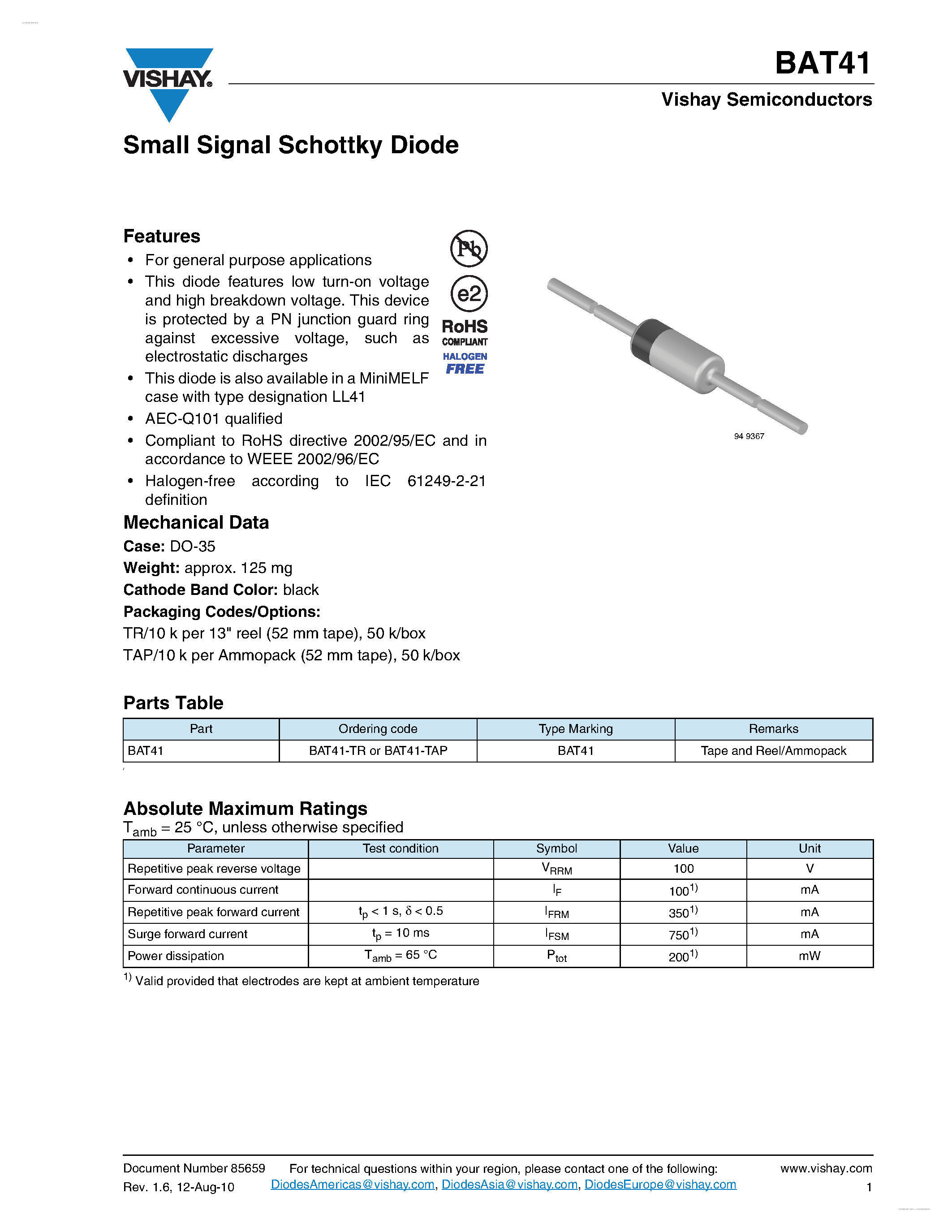 Datasheet BAT41 - Small Signal Schottky Diode page 1