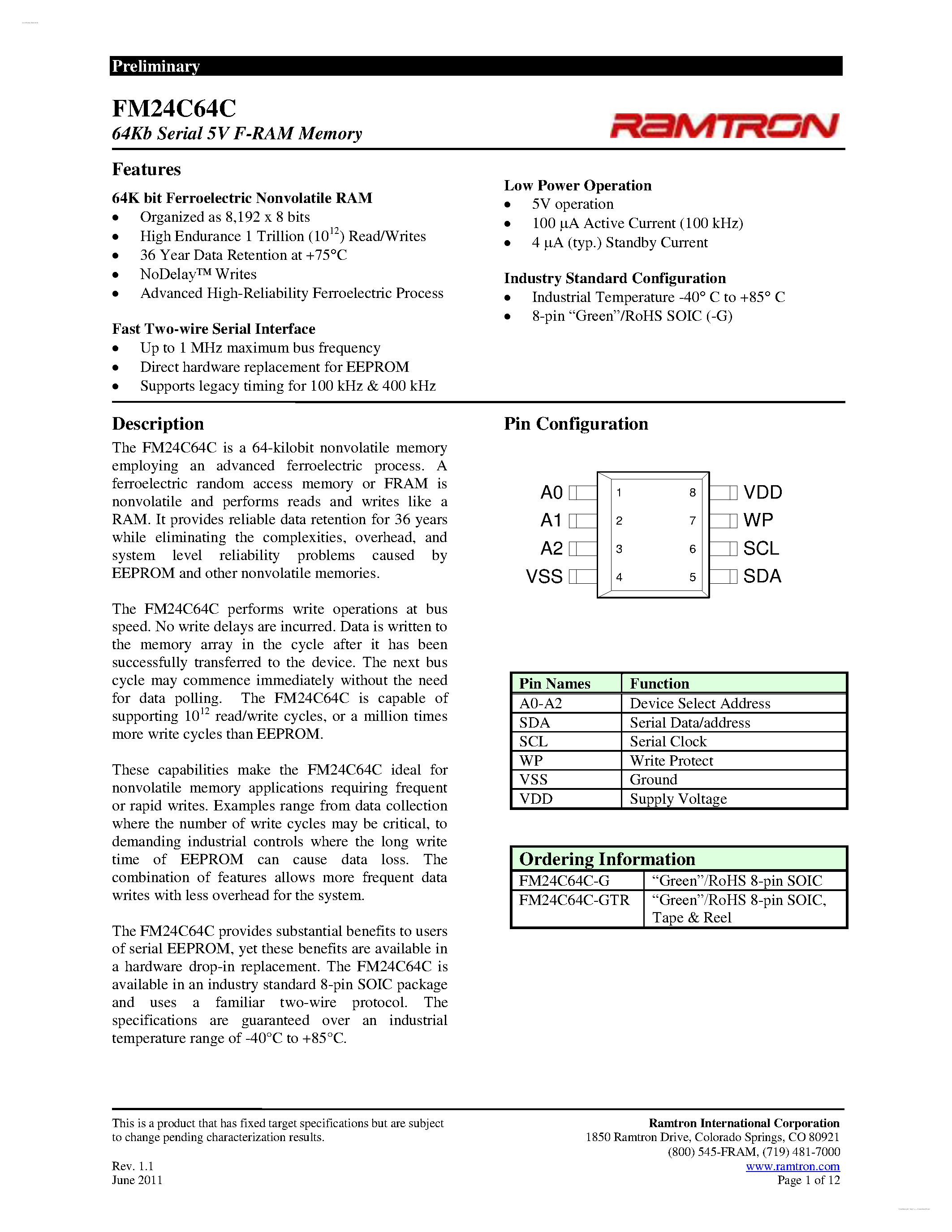 Даташит FM24C64C - 64Kb Serial 5V F-RAM Memory страница 1