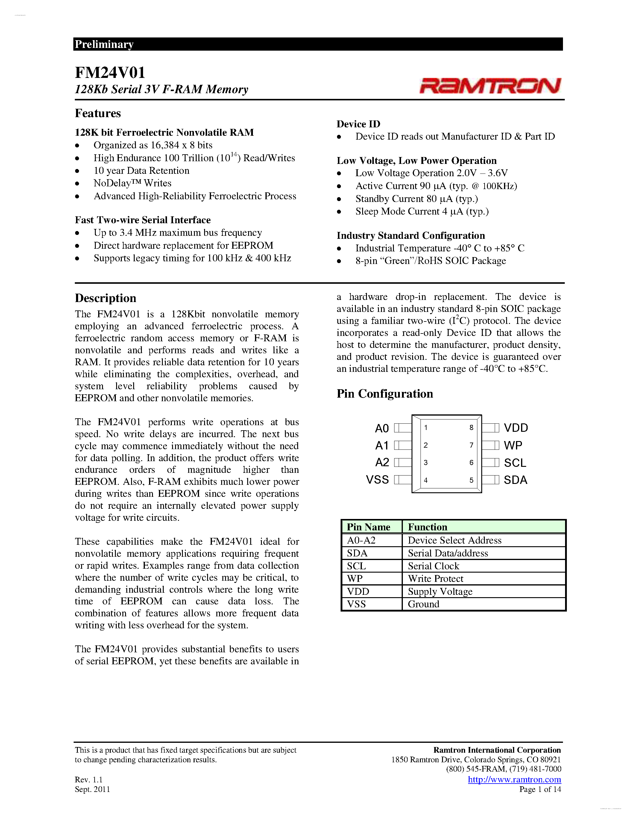 Даташит FM24V01 - 3V F-RAM Memory страница 1