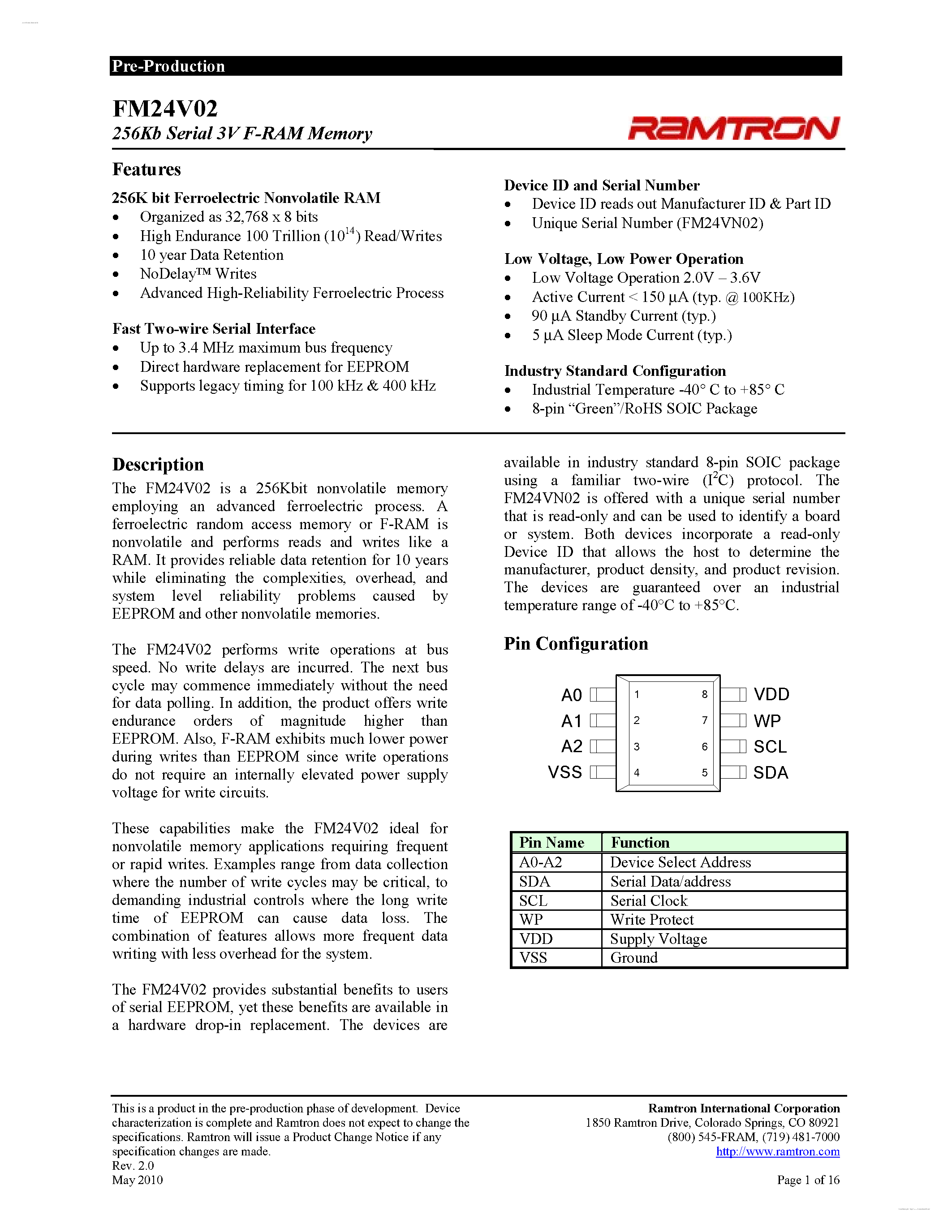 Даташит FM24V02 - 3V F-RAM Memory страница 1